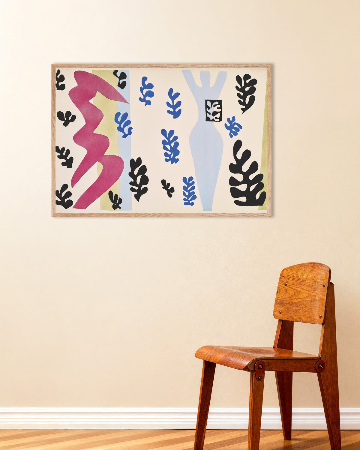 Poster of The Knife Thrower (Jazz, 1947) by Henri Matisse, with natural wooden frame