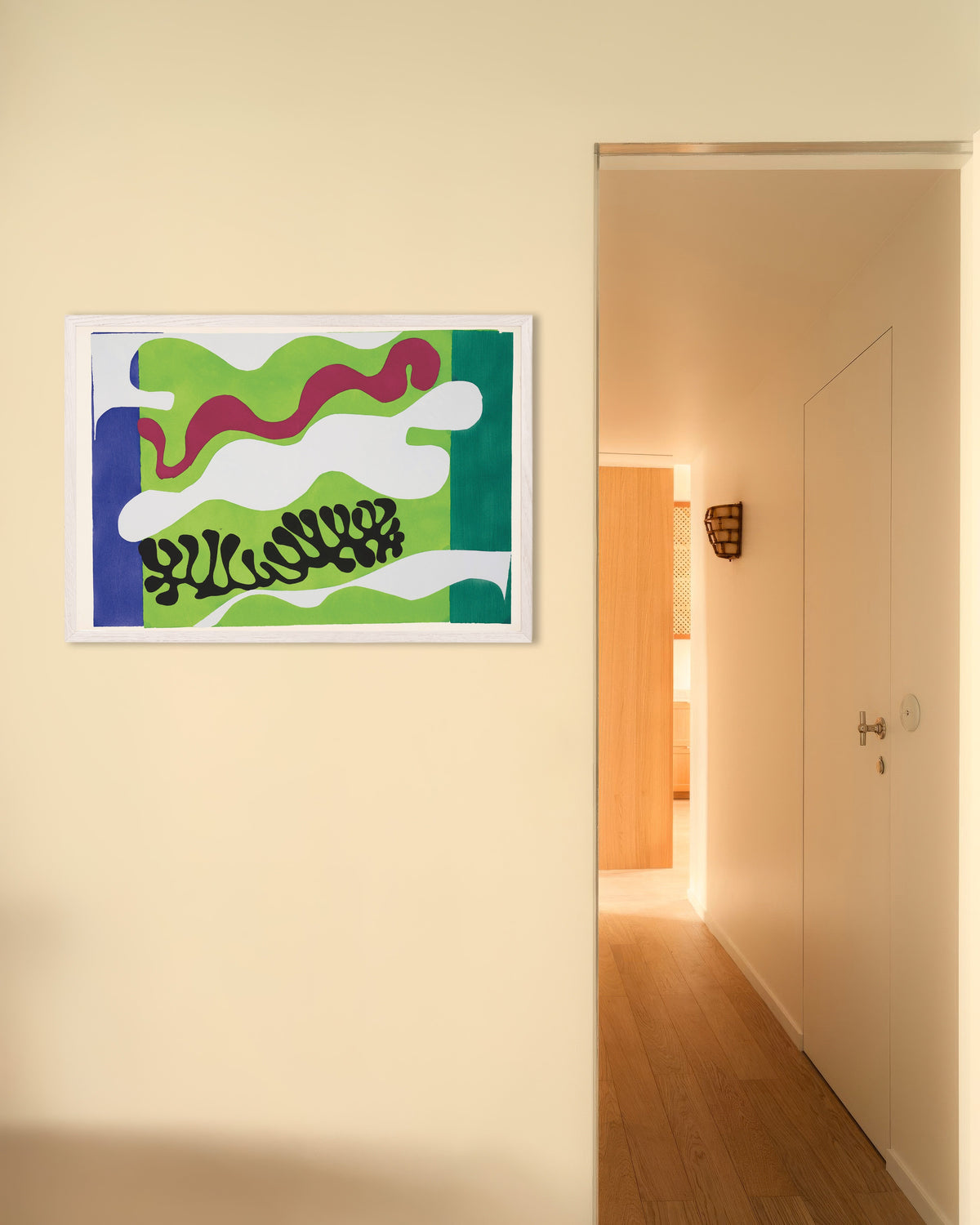 Poster of The Lagoon in Green (Jazz, 1947) by Henri Matisse, with white wooden frame