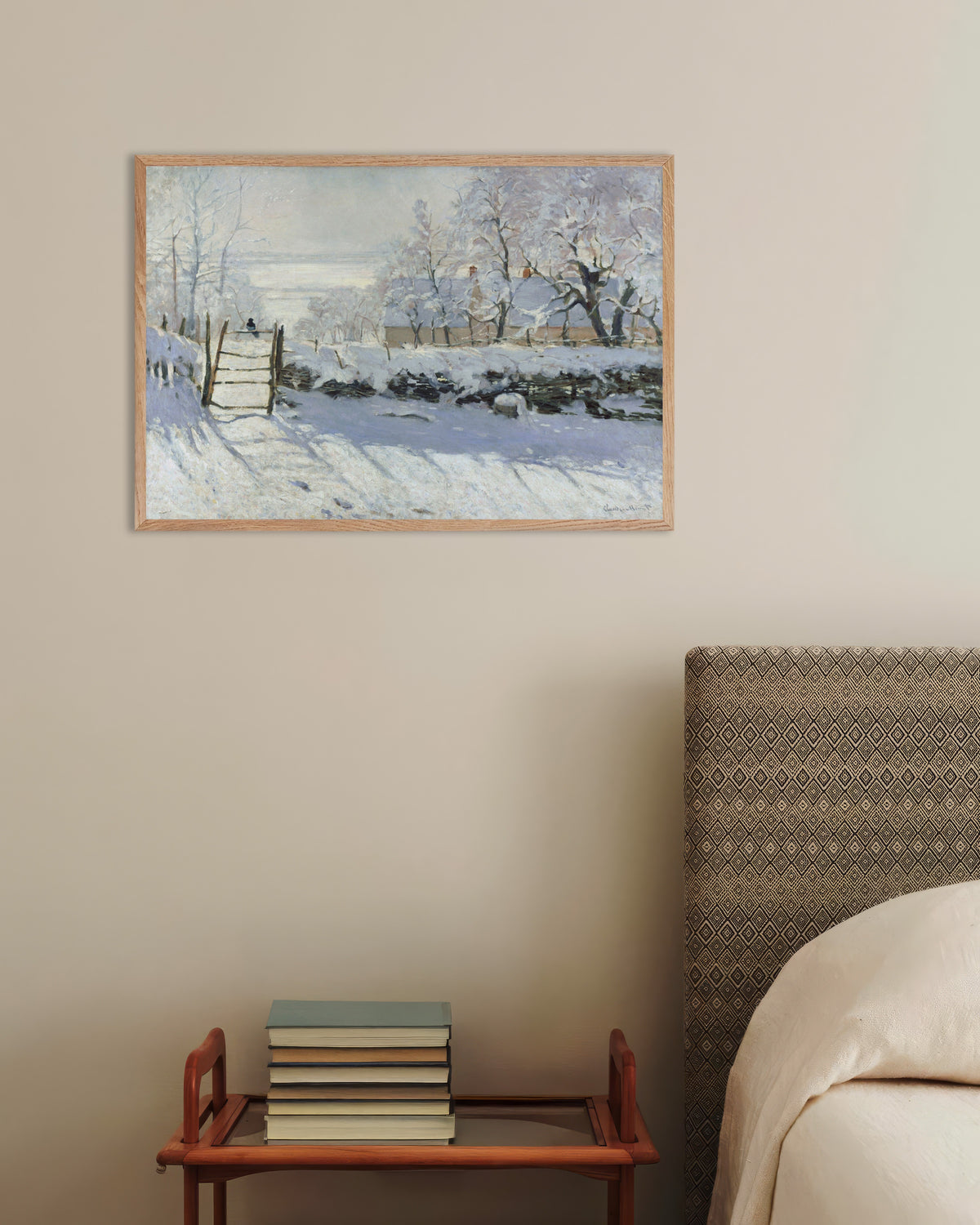 Poster of The Magpie (1868–1869) by Claude Monet, with natural wooden frame