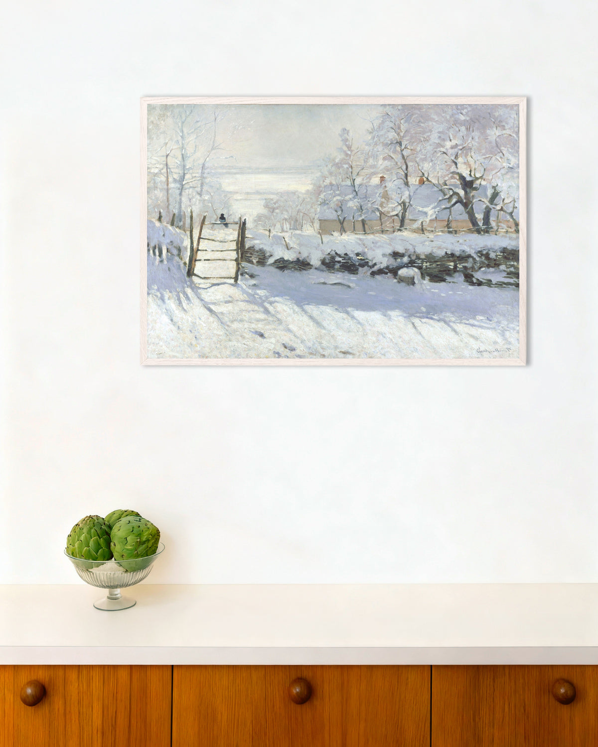Poster of The Magpie (1868–1869) by Claude Monet, with white wooden frame