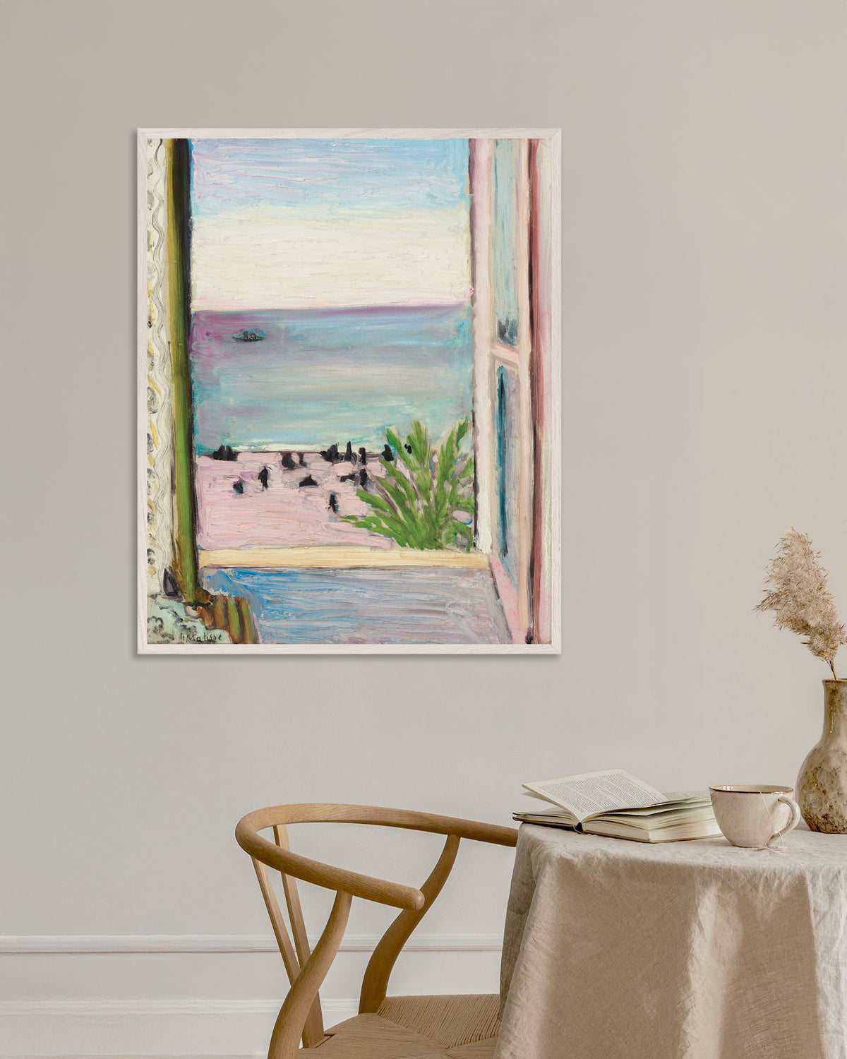 Poster of The Open Window (1918) by Henri Matisse, with white wooden frame