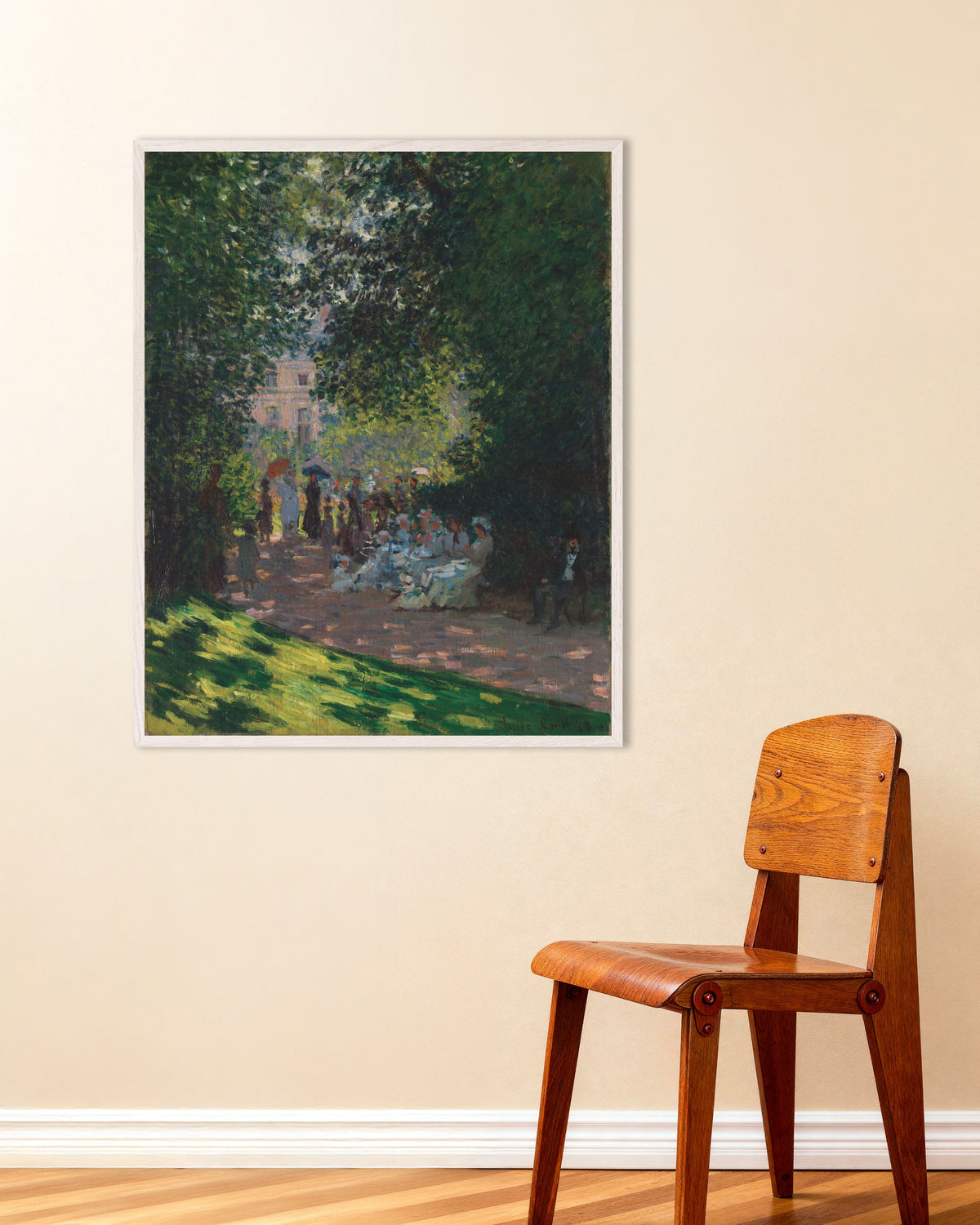 Poster of The Parc Monceau (1878) by Claude Monet, with white wooden frame