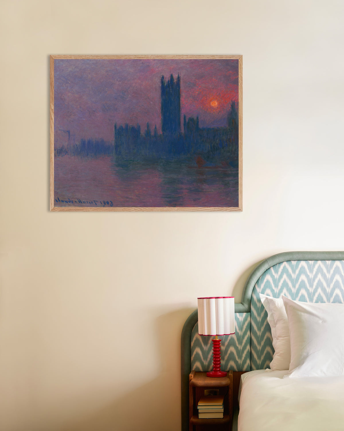 Poster of The Parliament, Setting Sun (1900–1903) by Claude Monet, with natural wooden frame