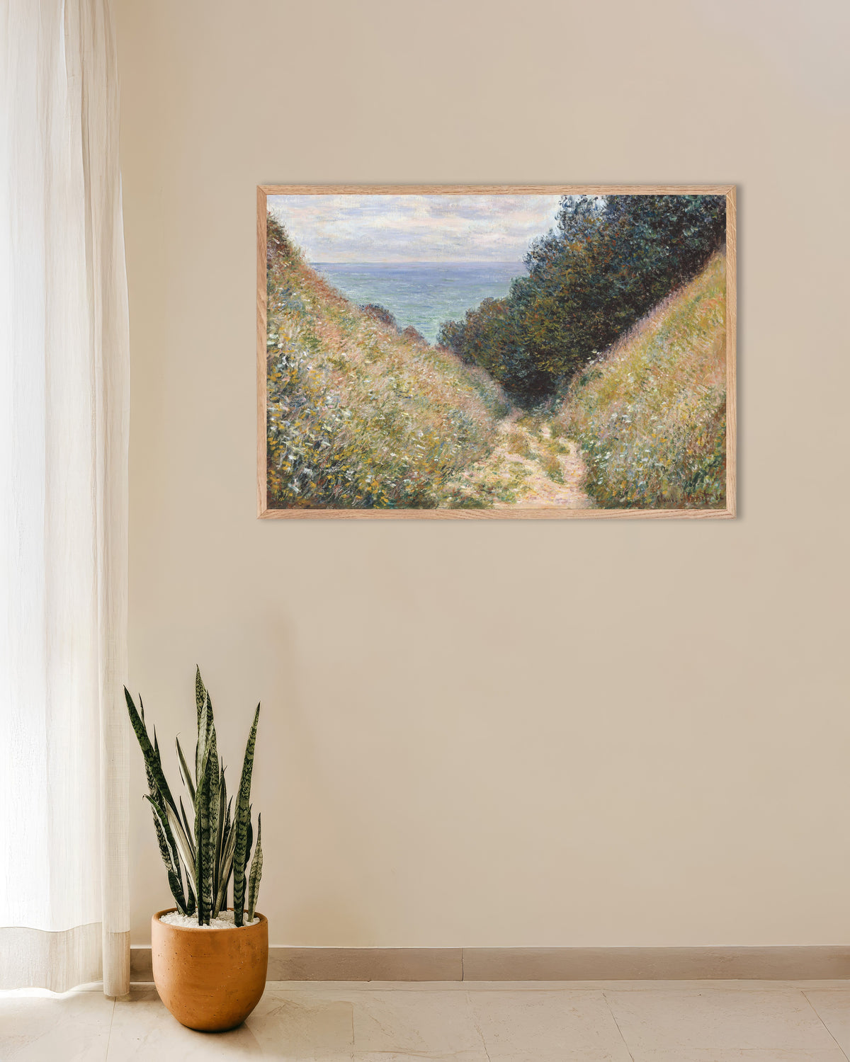 Poster of The Path at La Cavée, Pourville (1882) by Claude Monet, with natural wooden frame