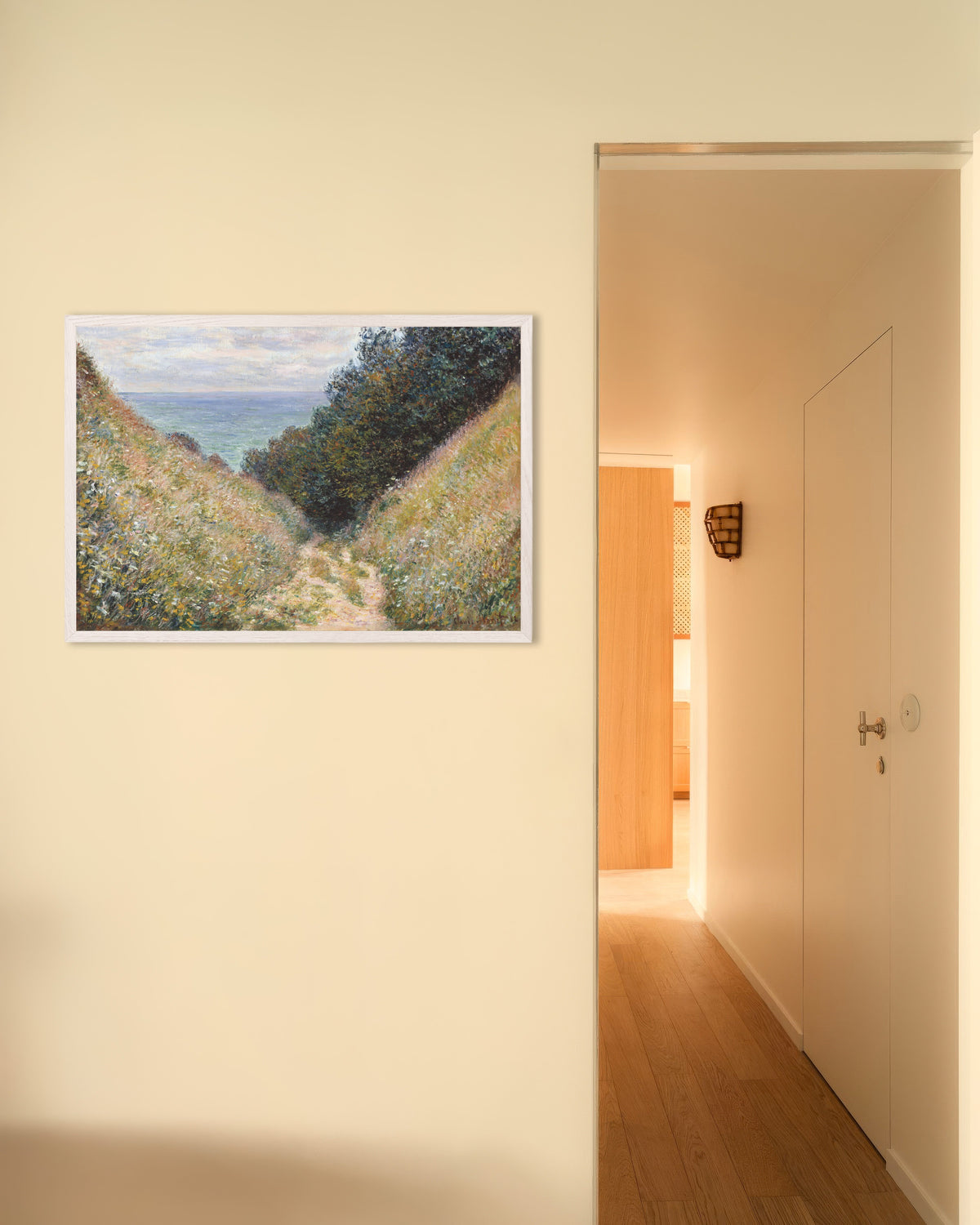 Poster of The Path at La Cavée, Pourville (1882) by Claude Monet, with white wooden frame