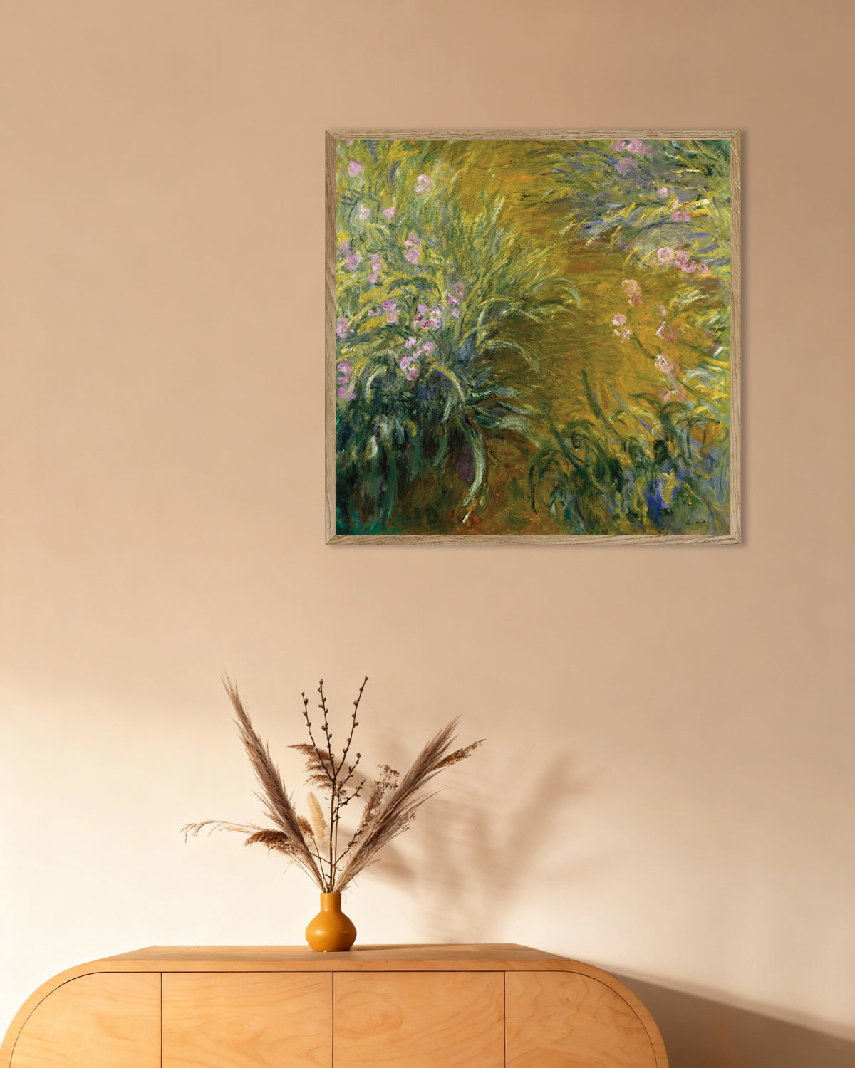 Poster of The Path through the Irises (1914–1917) by Claude Monet, with natural wooden frame