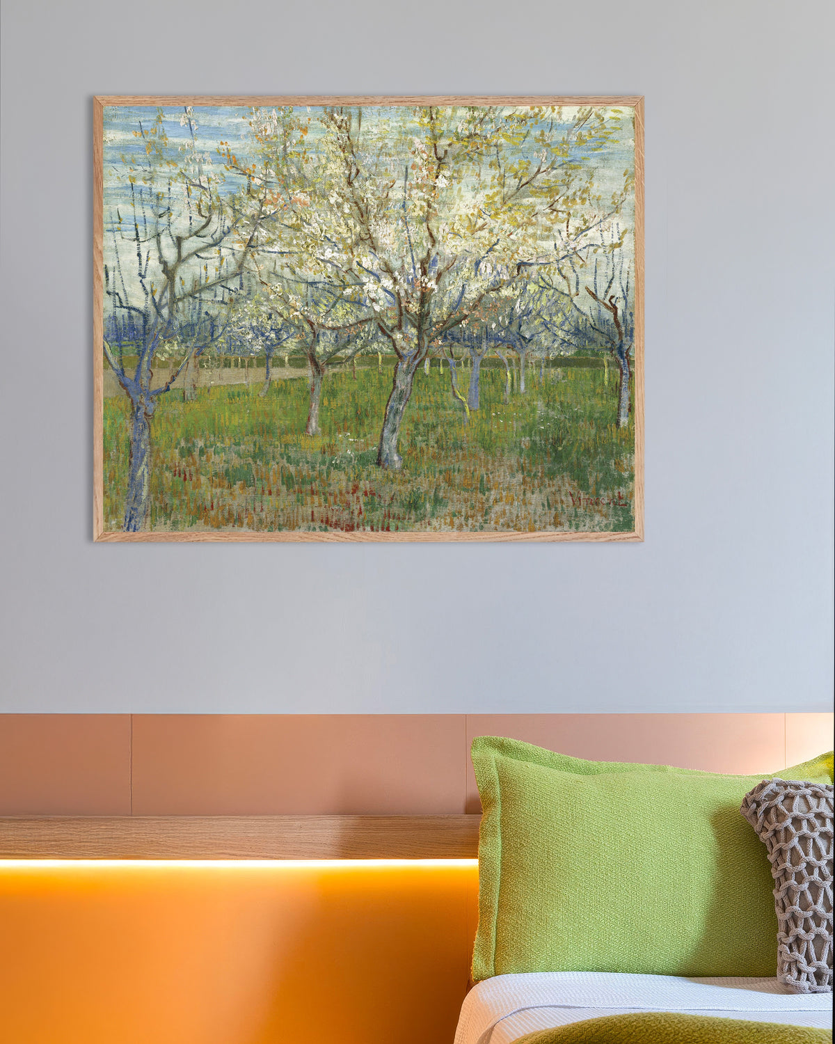 Poster of The Pink Orchard (1888) by Vincent van Gogh, with natural wooden frame