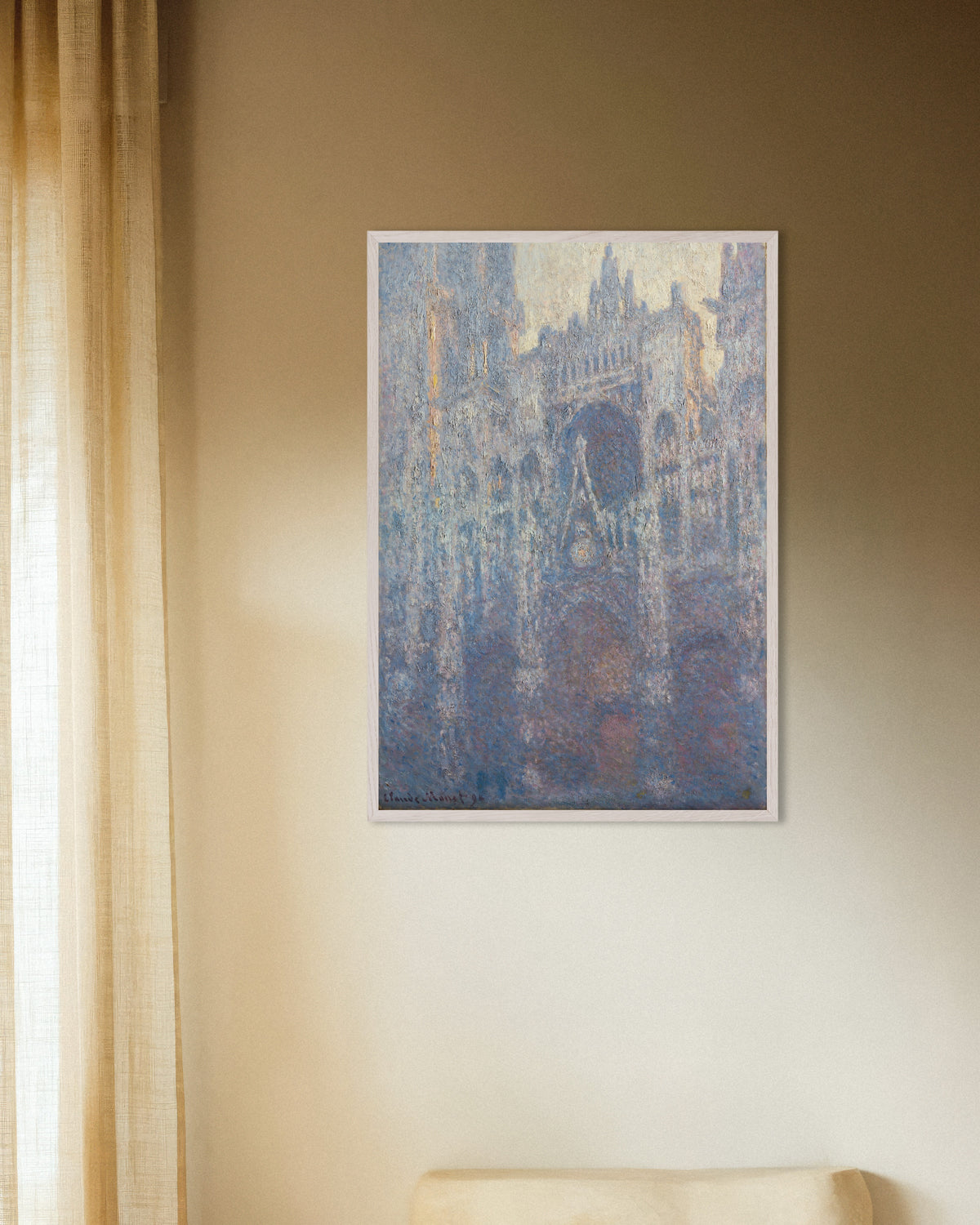 Poster of The Portal of Rouen Cathedral in Morning Light (1894) by Claude Monet, with white wooden frame