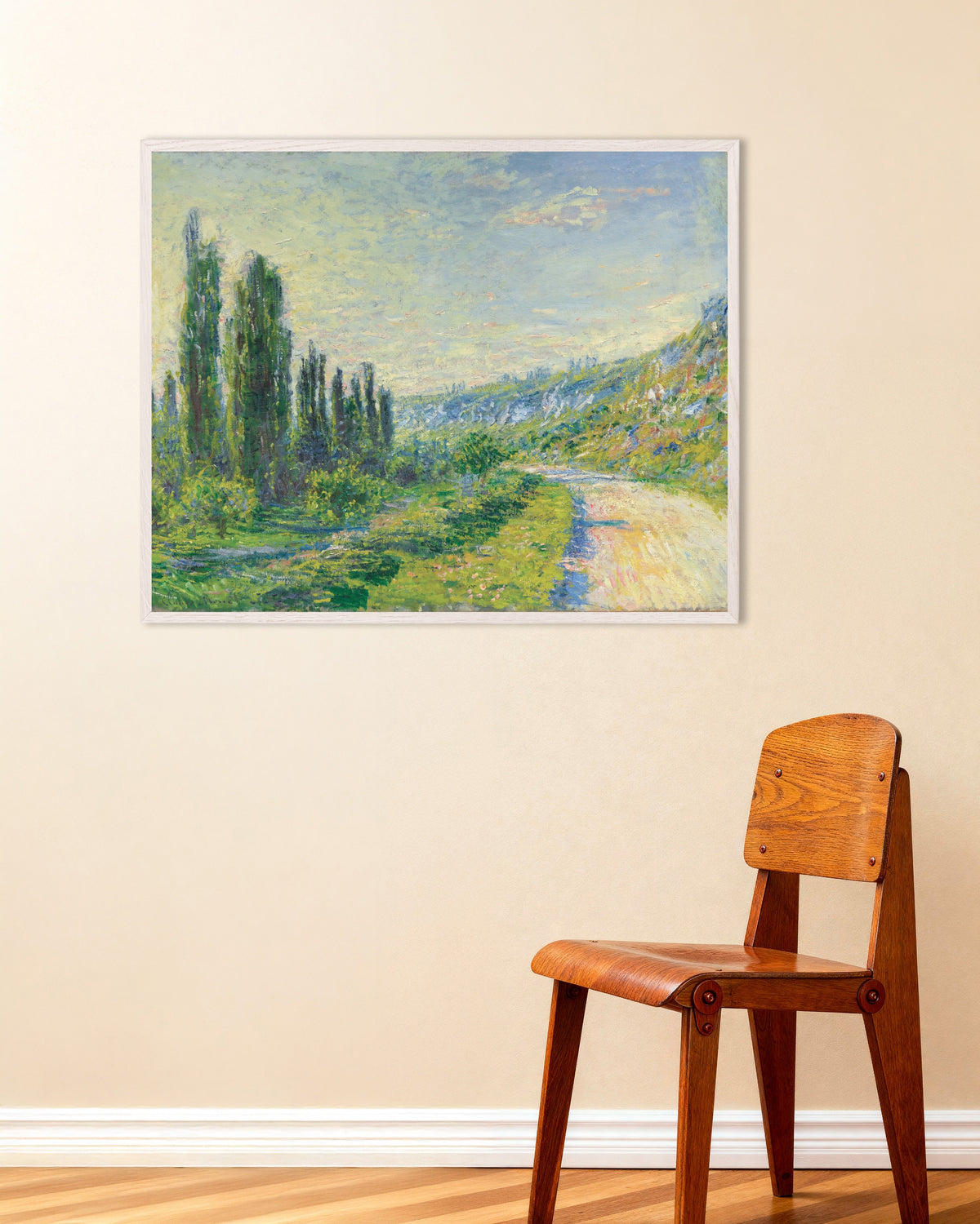 Poster of The Road at Vétheuil (c. 1880) by Claude Monet, with white wooden frame