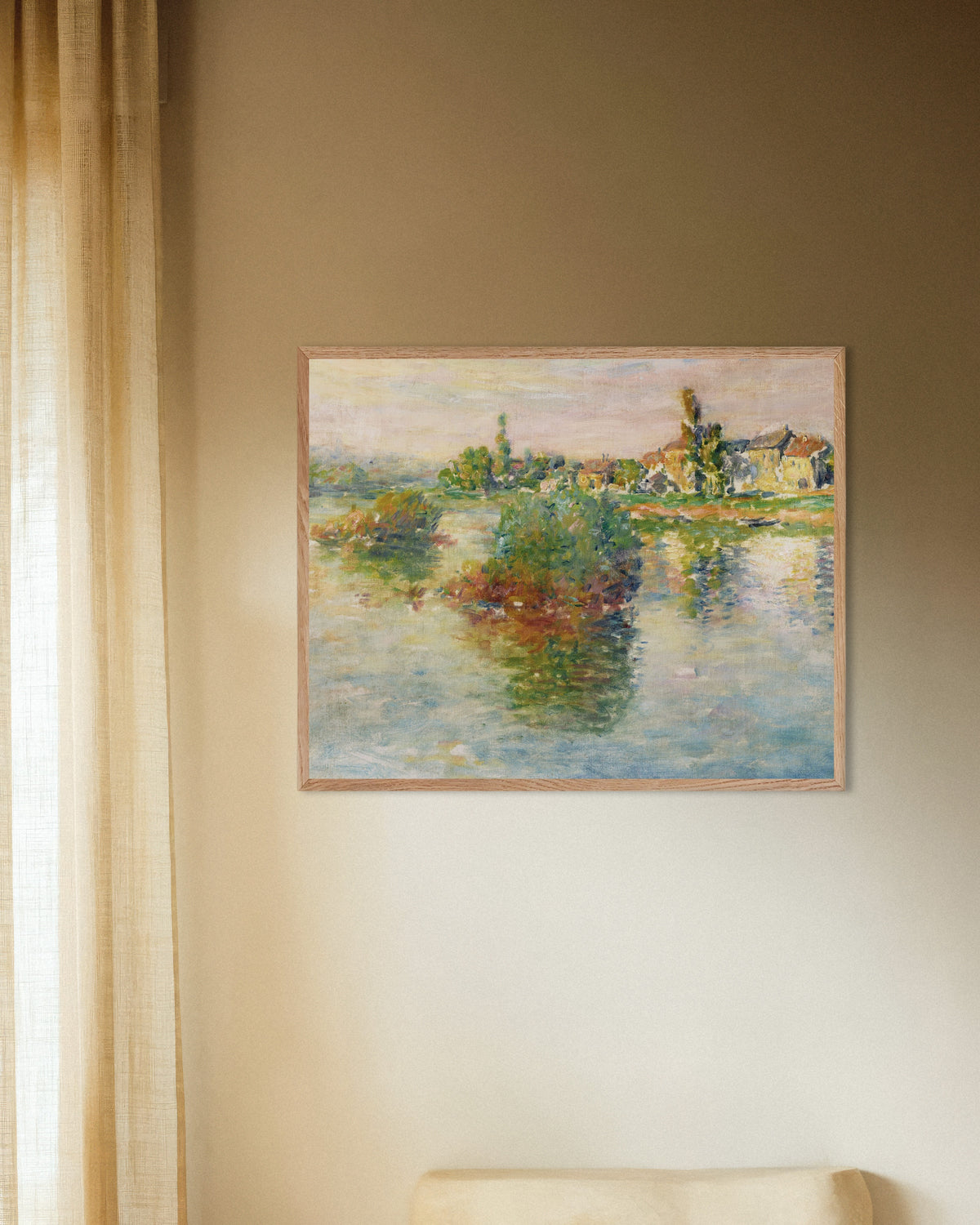 Poster of The Seine at Lavacourt (1879) by Claude Monet, with natural wooden frame