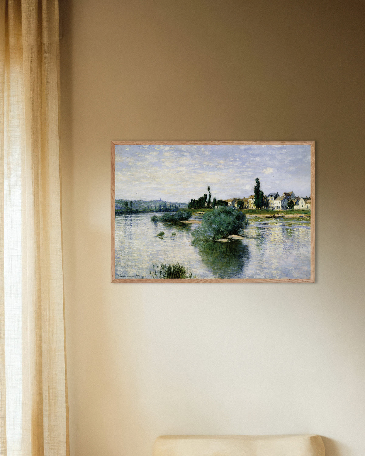Poster of The Seine at Lavacourt (1880) by Claude Monet, with natural wooden frame