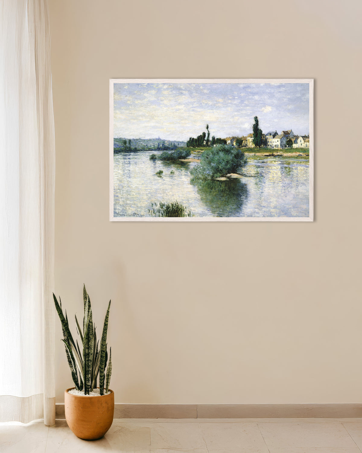Poster of The Seine at Lavacourt (1880) by Claude Monet, with white wooden frame