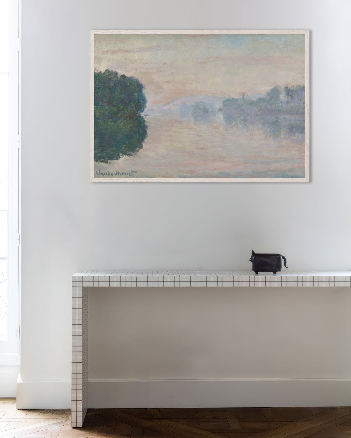 Poster of The Seine in the Mist (1894) by Claude Monet, with white wooden frame