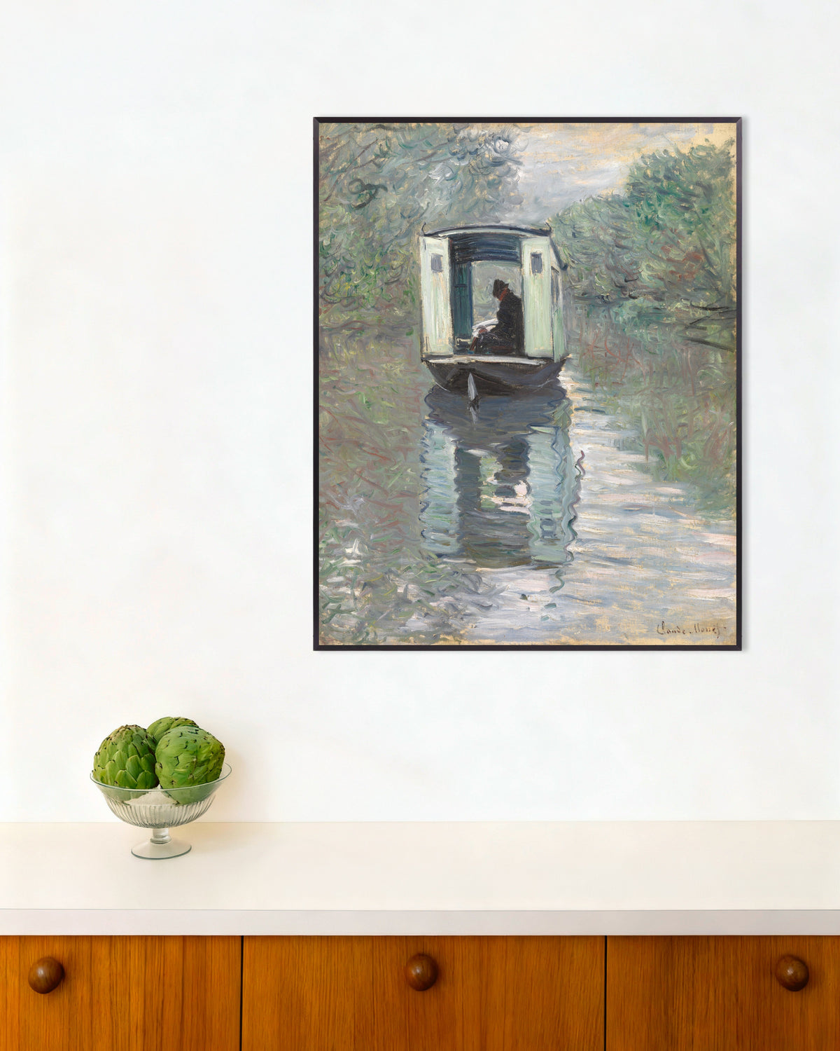 Poster of The Studio Boat (1876) by Claude Monet, with metal frame