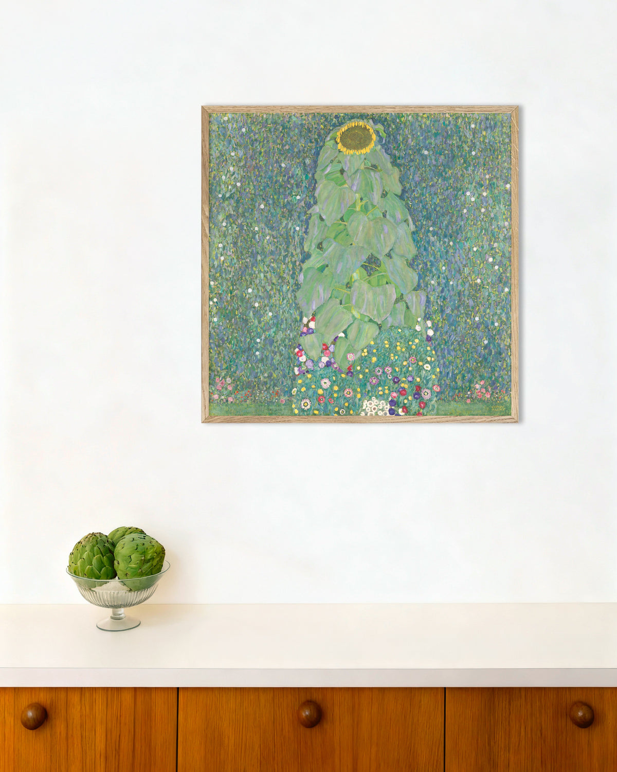 Poster of The Sunflower (1907–1908) by Gustav Klimt, with natural wooden frame