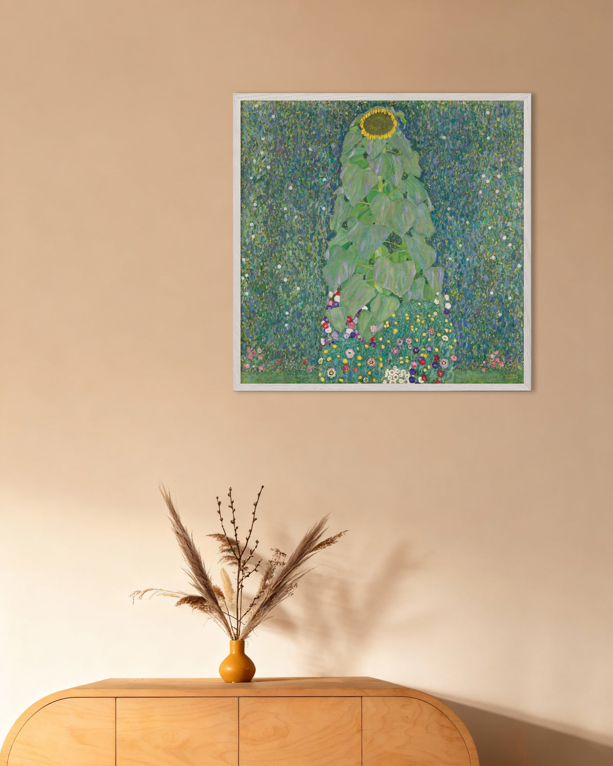 Poster of The Sunflower (1907–1908) by Gustav Klimt, with white wooden frame