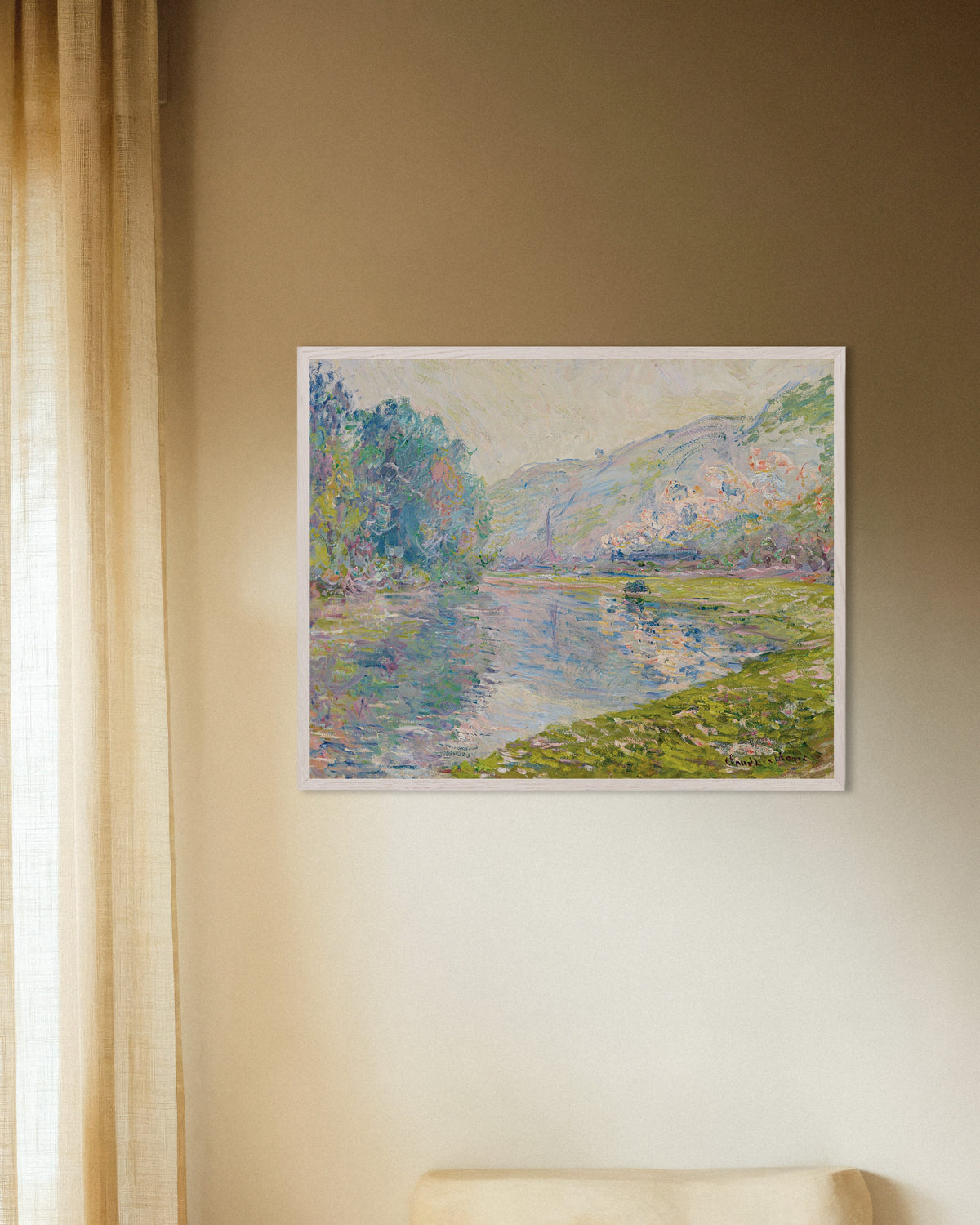 Poster of The Train at Jeufosse (1884) by Claude Monet, with white wooden frame