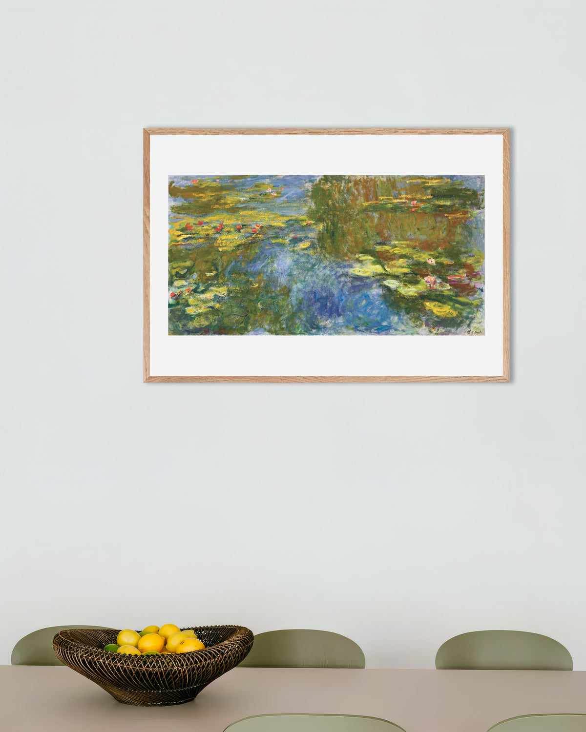 Poster of The Water Lily Pond (c. 1917–1919) by Claude Monet, with natural wooden frame