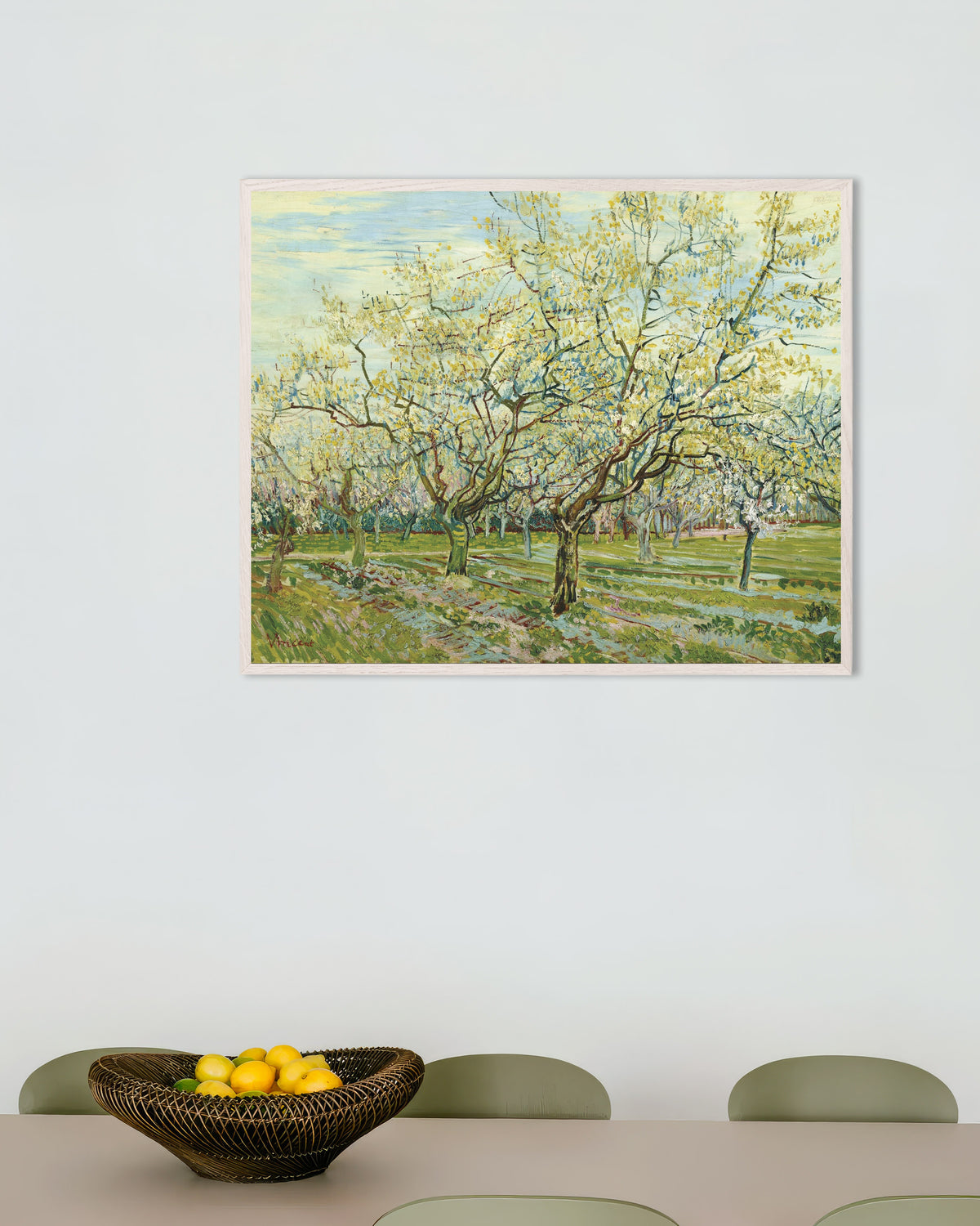 Poster of The White Orchard (1888) by Vincent van Gogh, with white wooden frame