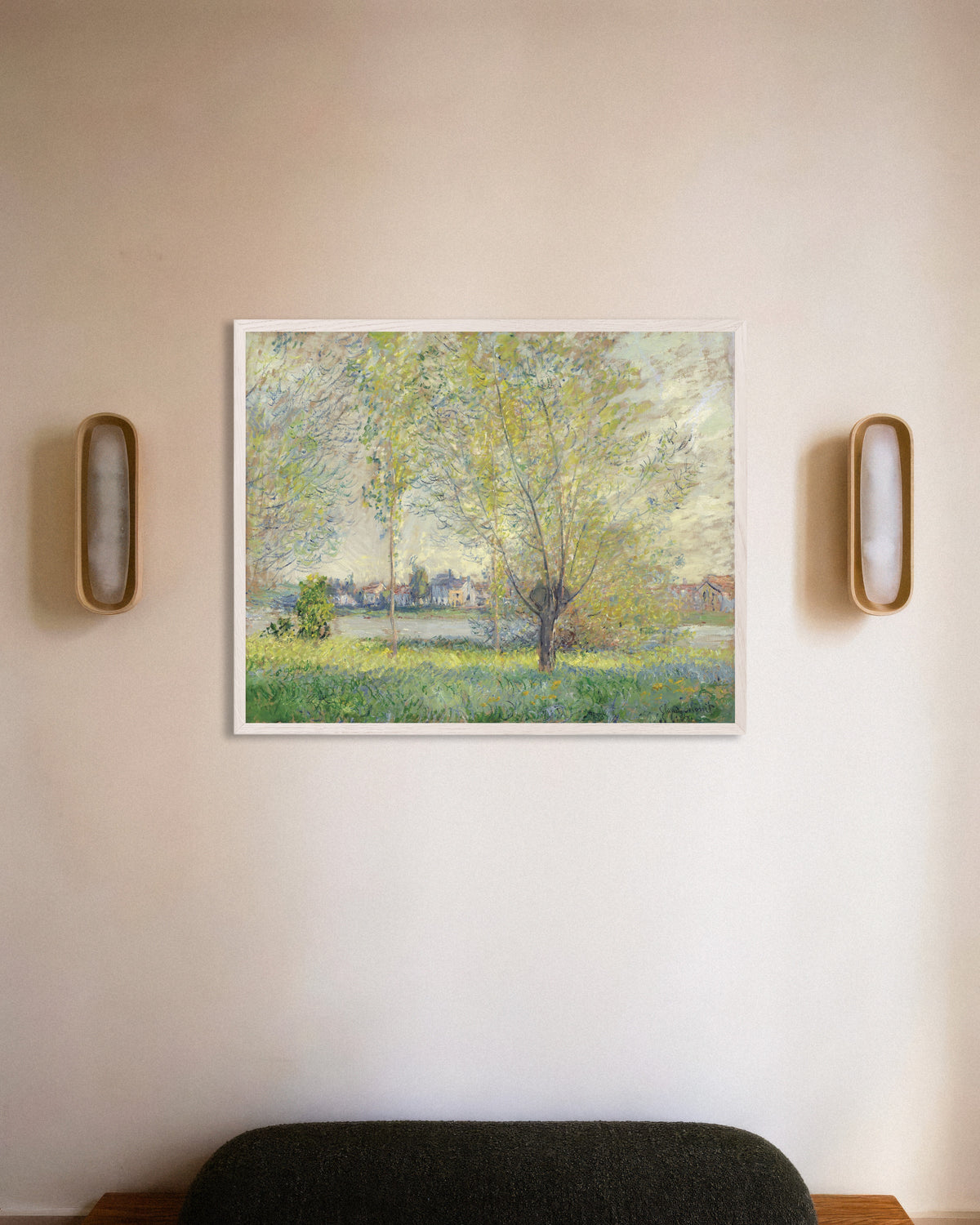 Poster of The Willows (1880) by Claude Monet, with white wooden frame