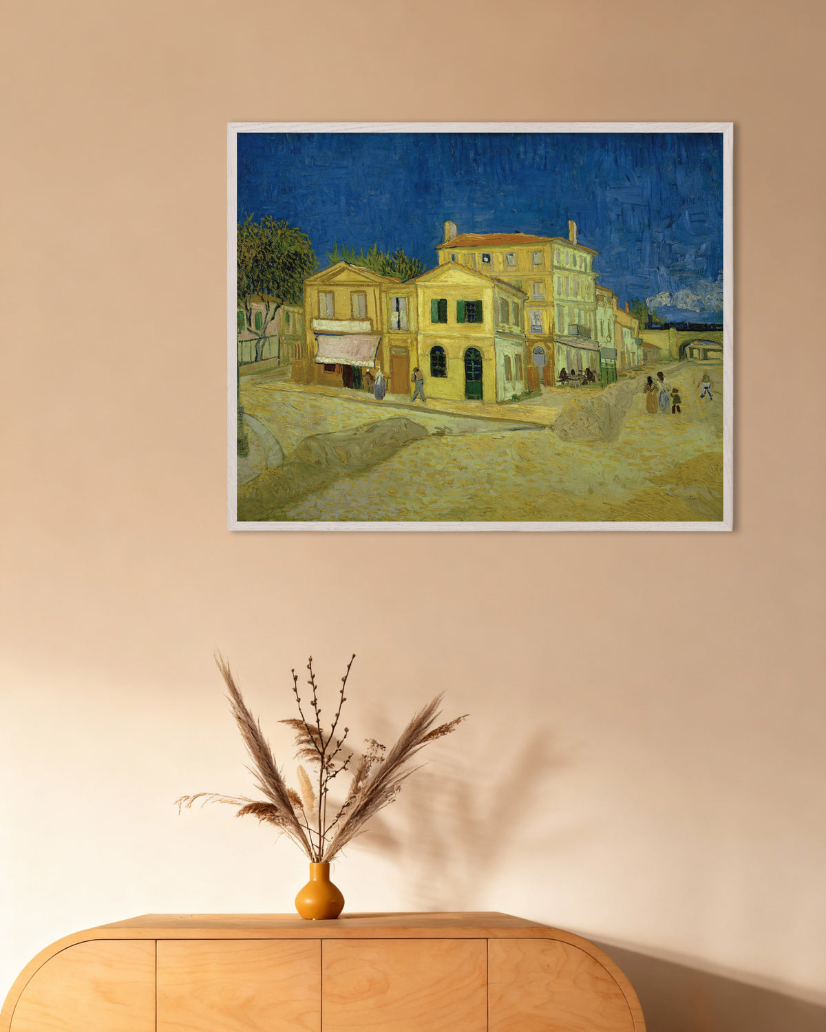 Poster of The Yellow House, The Street (1888) by Vincent van Gogh, with white wooden frame