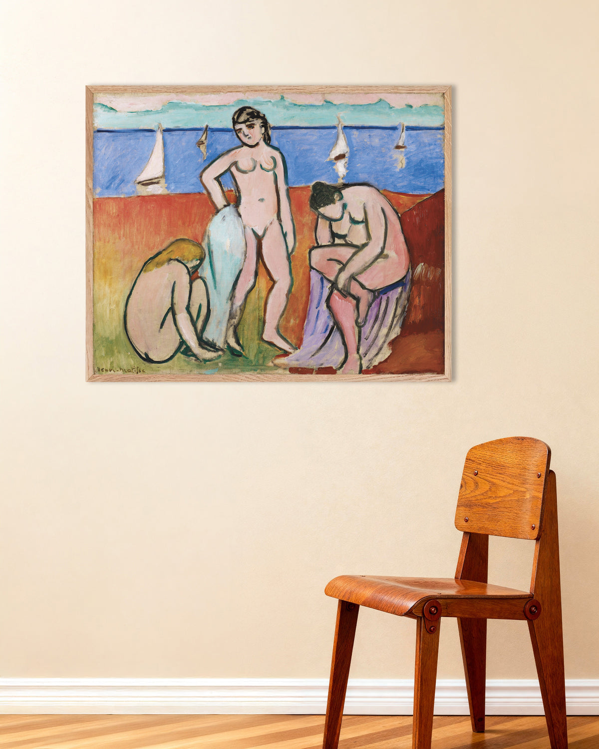 Poster of Three Bathers (1907) by Henri Matisse, with natural wooden frame