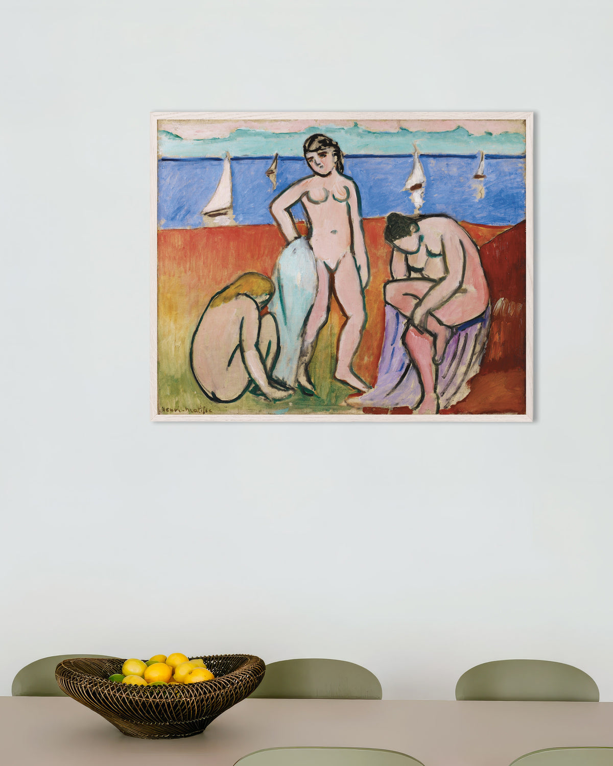 Poster of Three Bathers (1907) by Henri Matisse, with white wooden frame