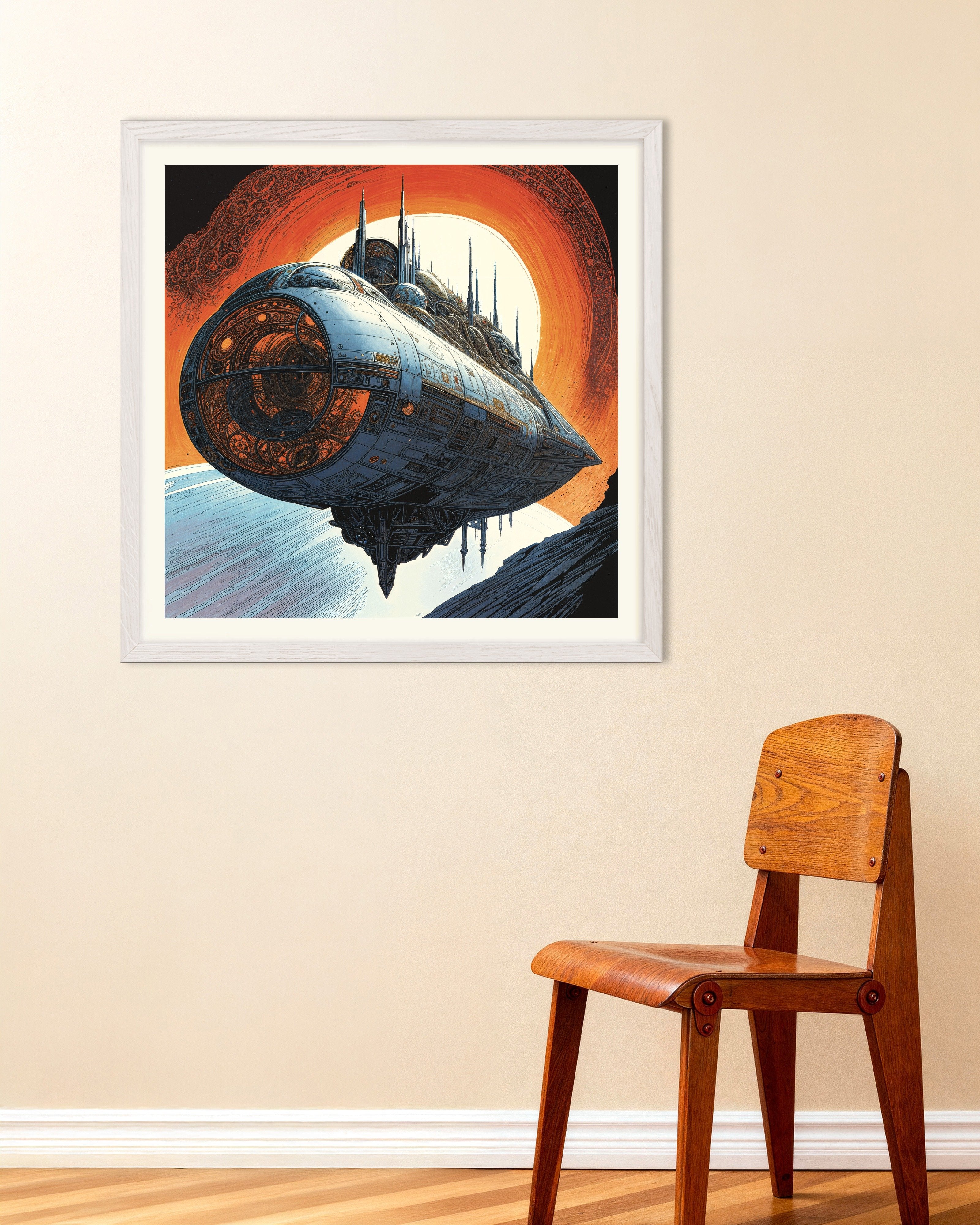 Poster of Through Space and Time Starship Poster, with white wooden frame