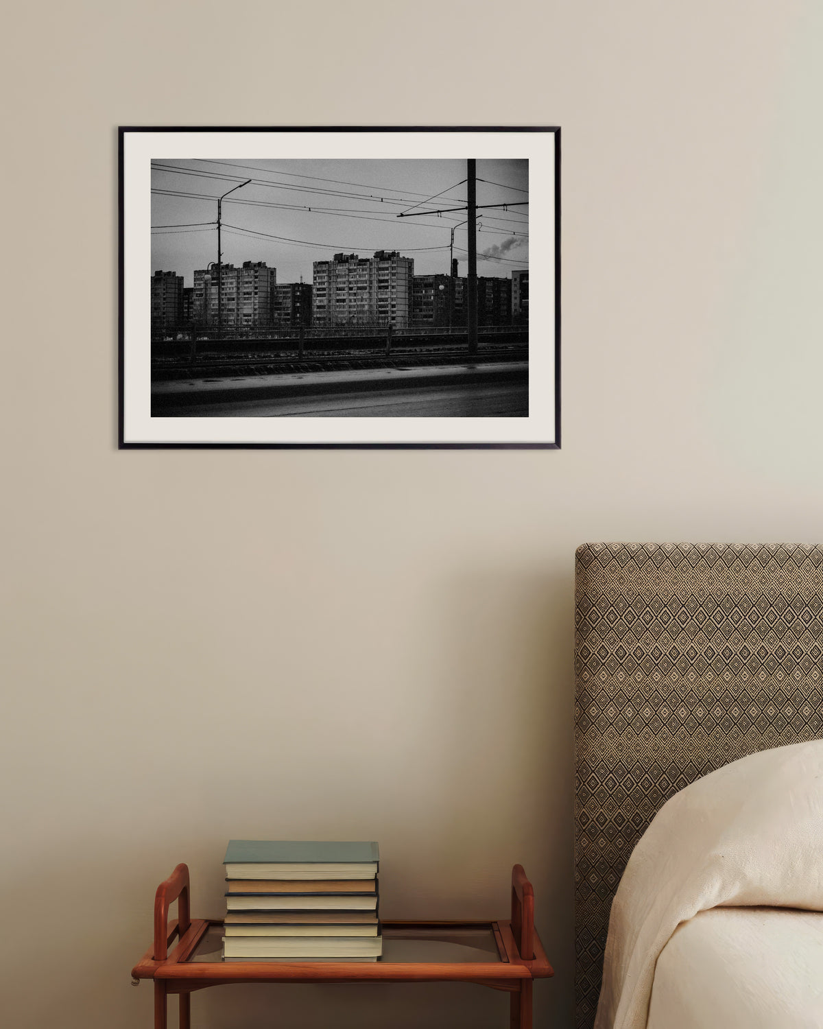 Poster of Tower Blocks Beyond the Tram Wires, with metal frame