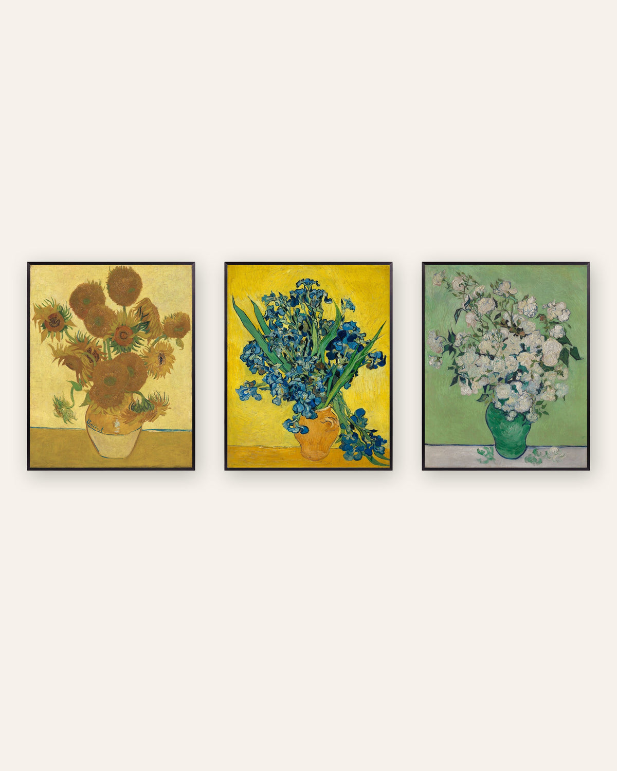 Van Gogh Flower Prints Set of 3 – Sunflowers, Irises & Roses, prints in black metal frames