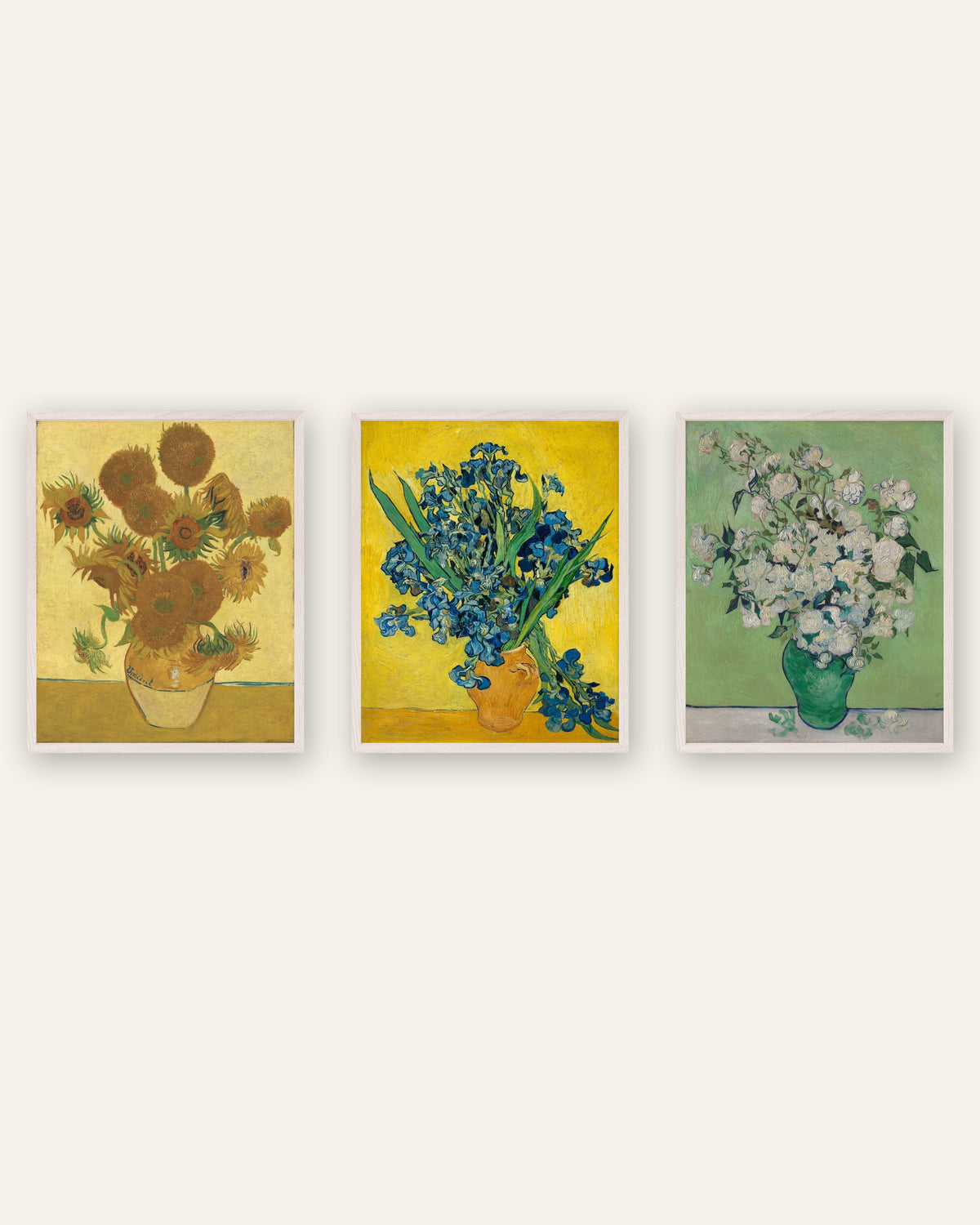Van Gogh Flower Prints Set of 3 – Sunflowers, Irises & Roses, prints in white oak frames