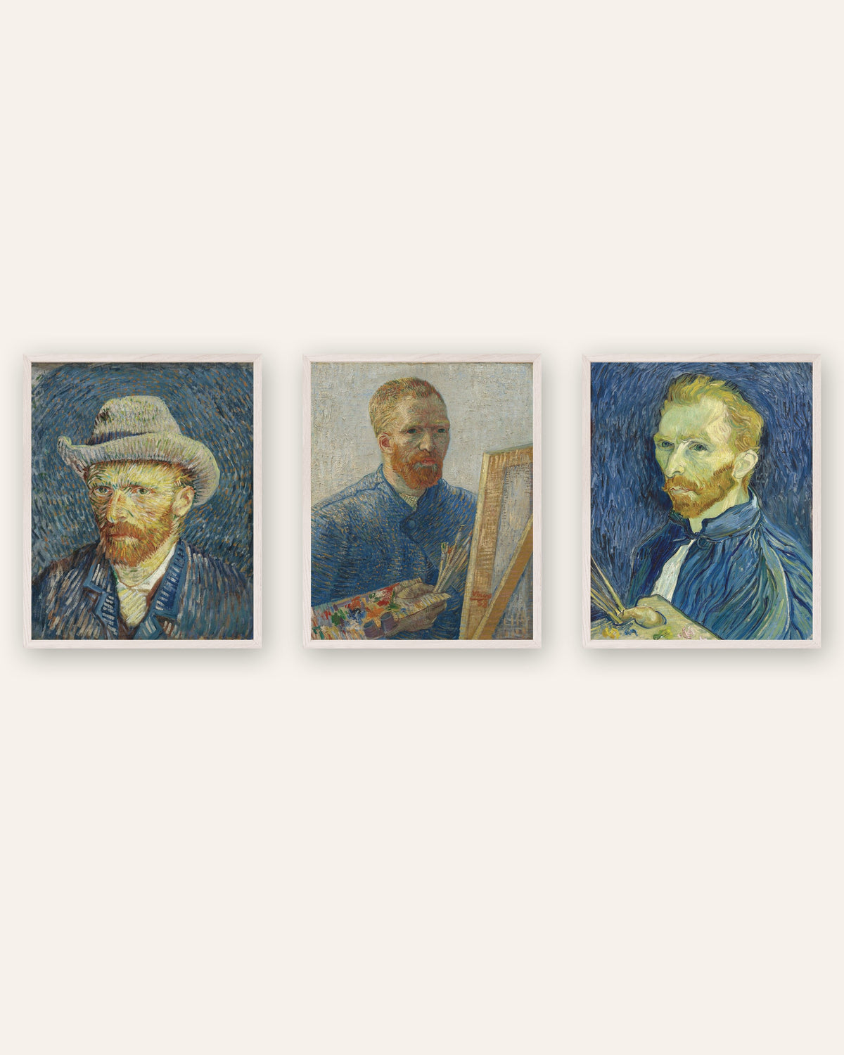 Van Gogh Self-Portrait Prints Set of 3 – Paris to Saint-Rémy, prints in white oak frames
