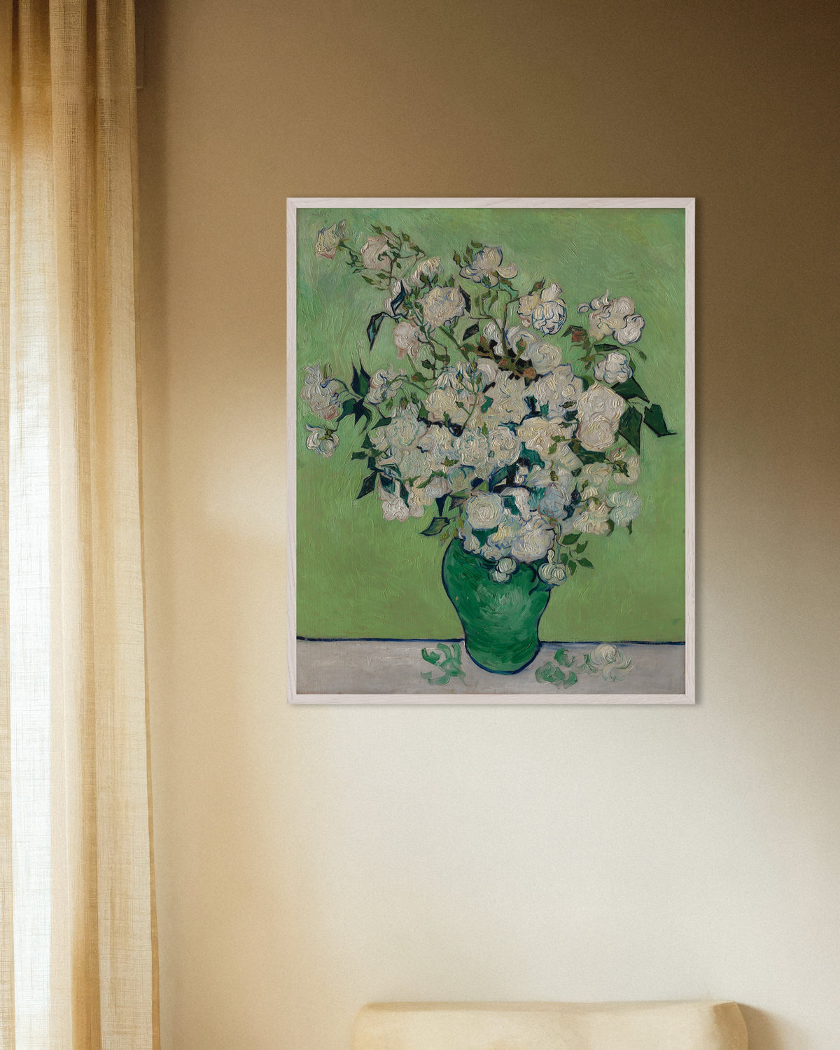 Poster of Vase of Roses (1890) by Vincent van Gogh, with white wooden frame