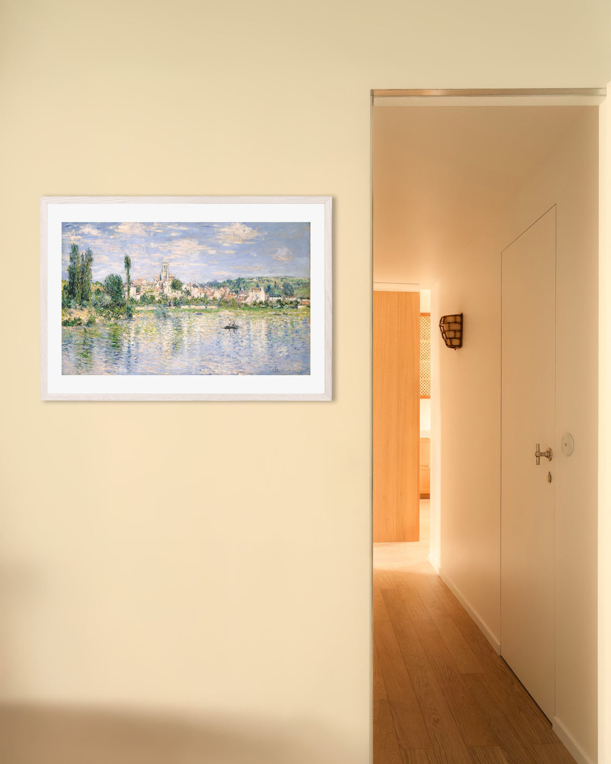 Poster of Vétheuil in Summer (1880) by Claude Monet, with white wooden frame