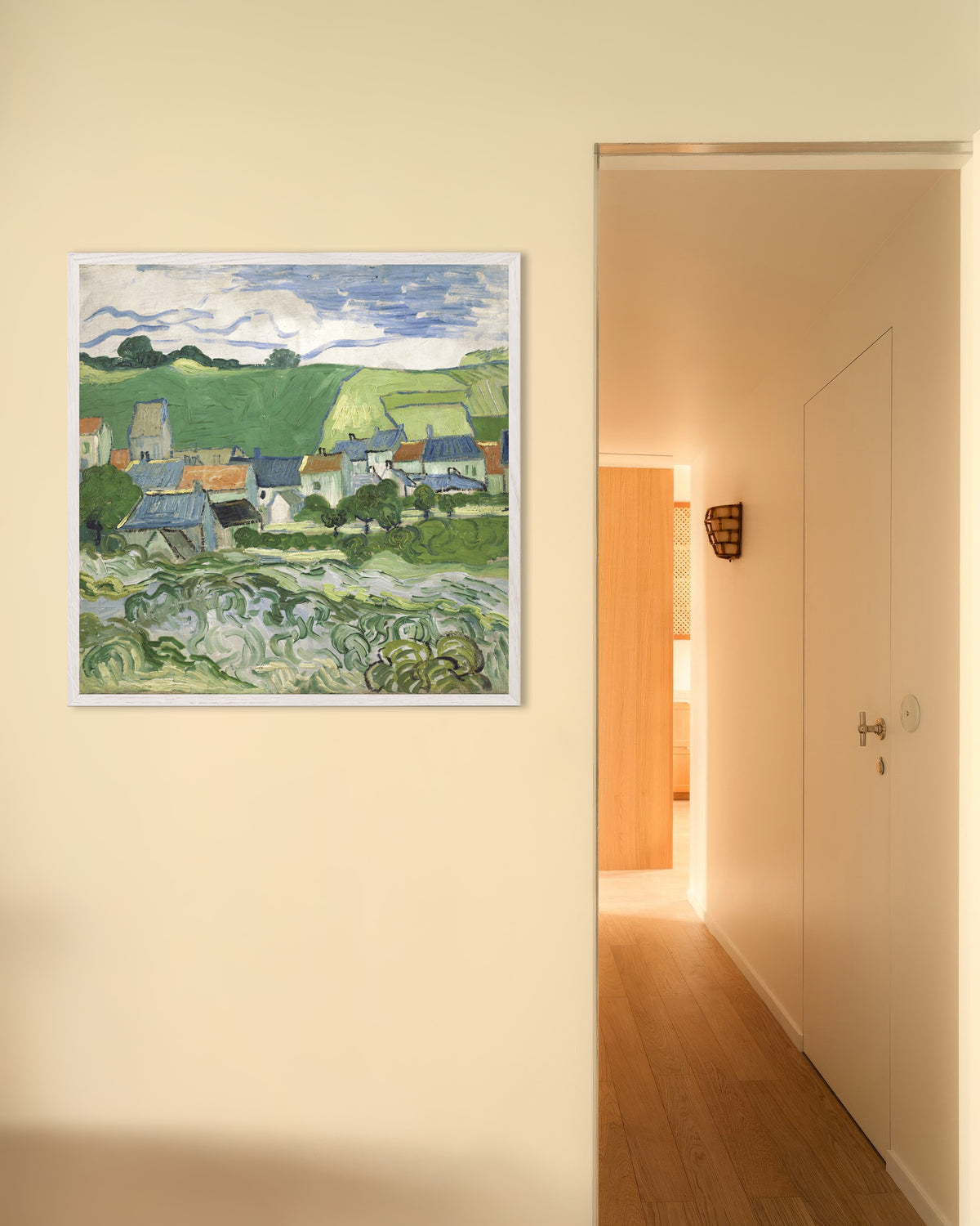 Poster of View of Auvers (1890) by Vincent van Gogh, with white wooden frame