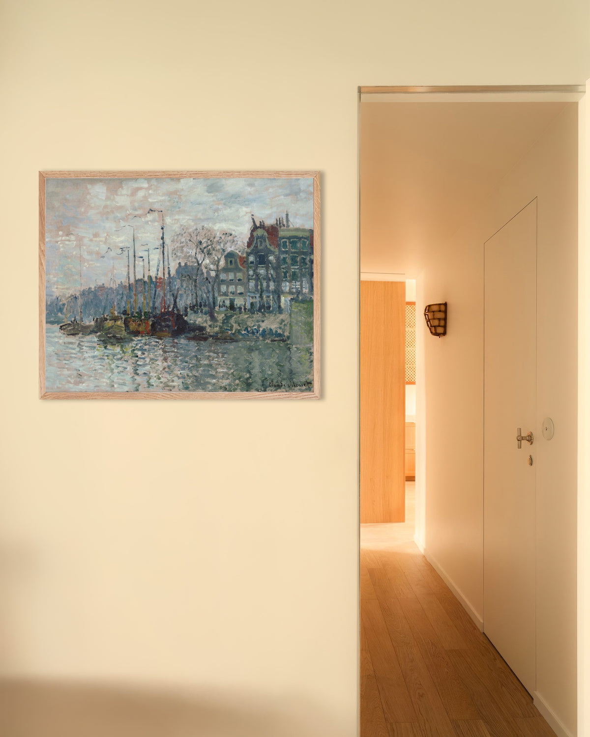 Poster of View of the Prins Hendrikkade and the Kromme Waal in Amsterdam (1874) by Claude Monet, with natural wooden frame