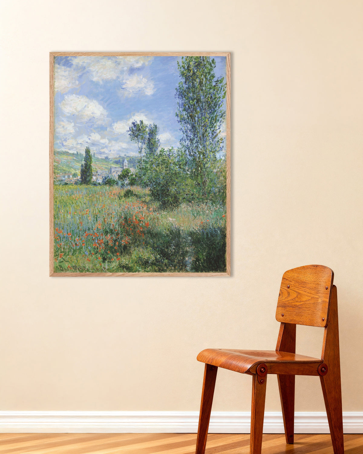 Poster of View of Vétheuil (1880) by Claude Monet, with natural wooden frame