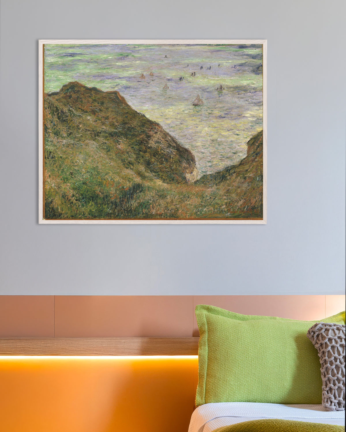 Poster of View over the Sea (1882) by Claude Monet, with white wooden frame
