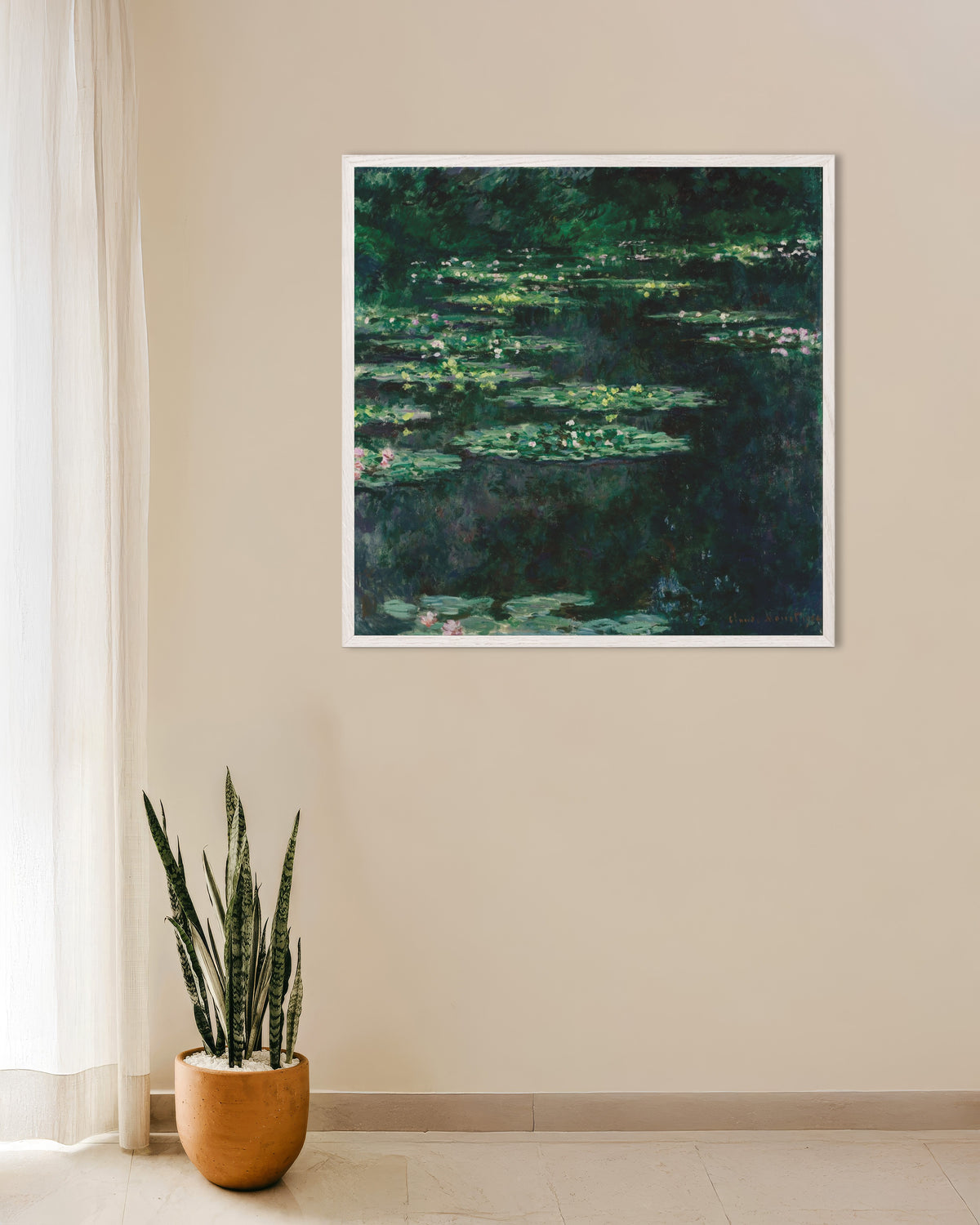 Poster of Water Lilies (1904) by Claude Monet, with white wooden frame