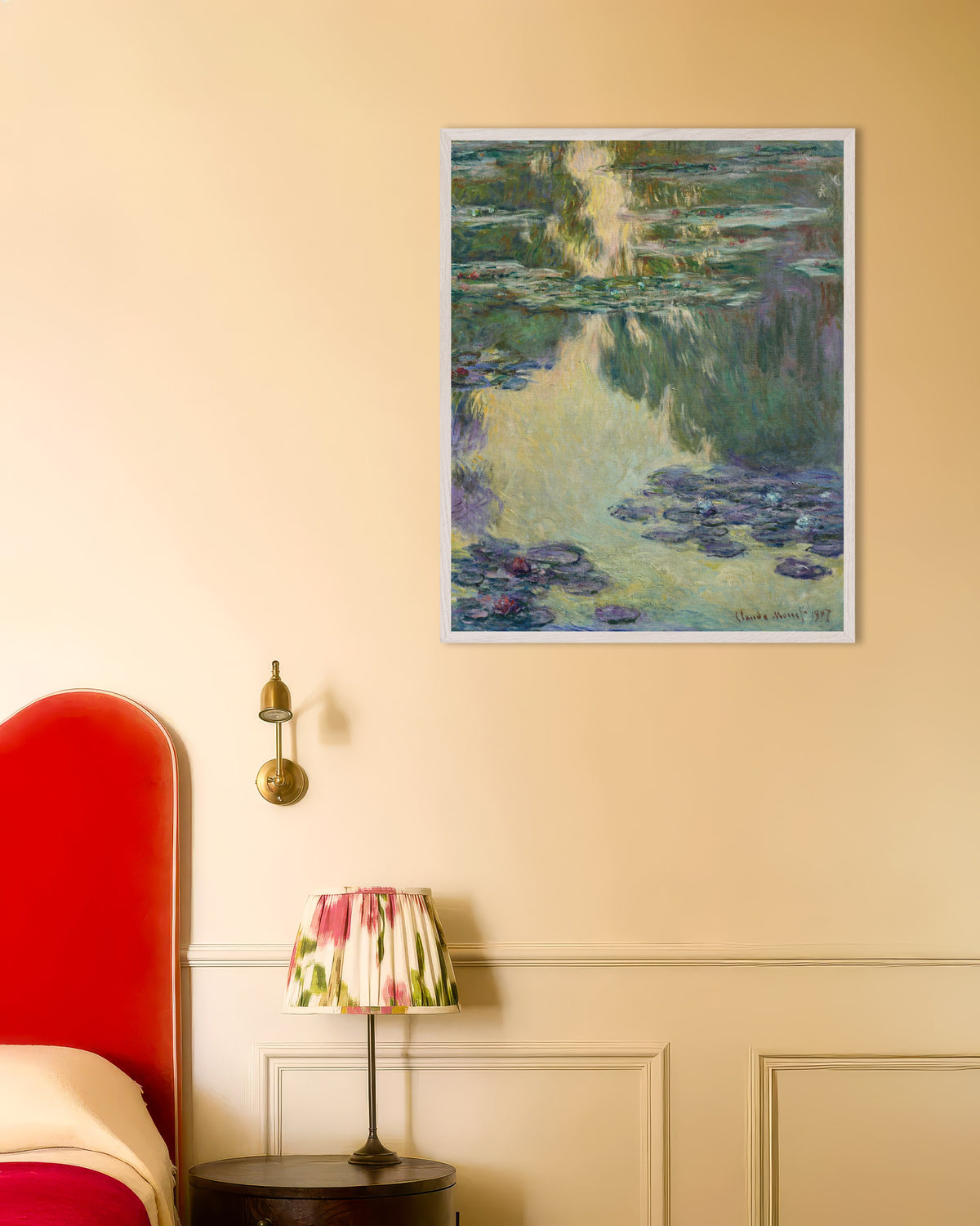 Poster of Water Lilies (1907) by Claude Monet, with white wooden frame