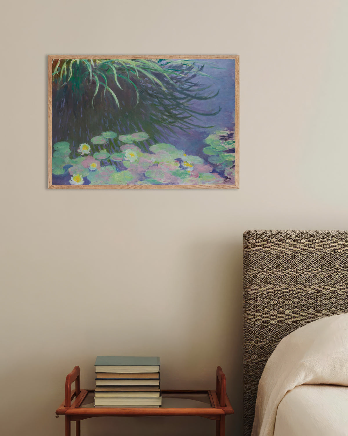 Poster of Water Lilies with Reflections of Tall Grass (1914–1917) by Claude Monet, with natural wooden frame