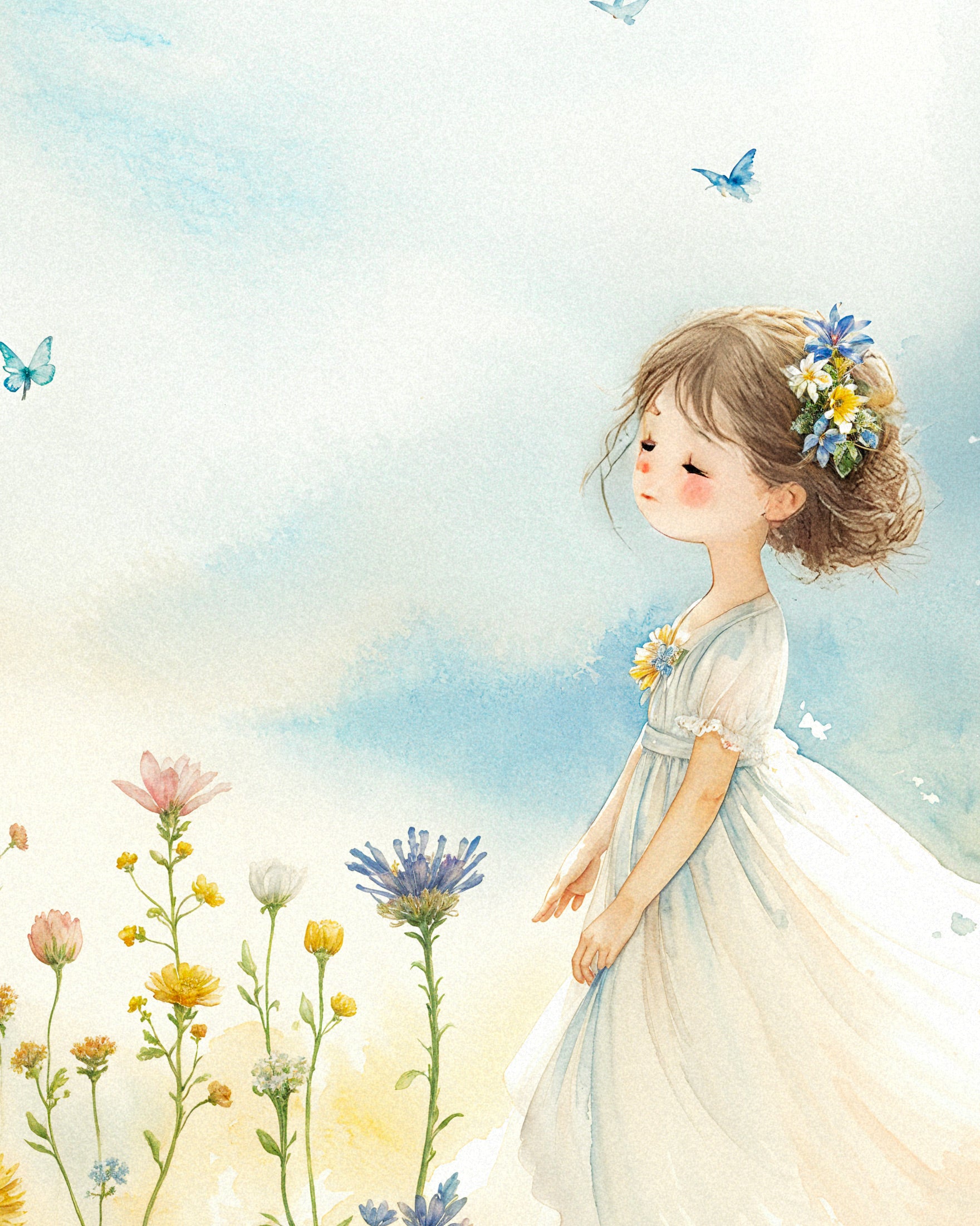 Watercolour artwork, young wahine surrounded by blooms – Poster