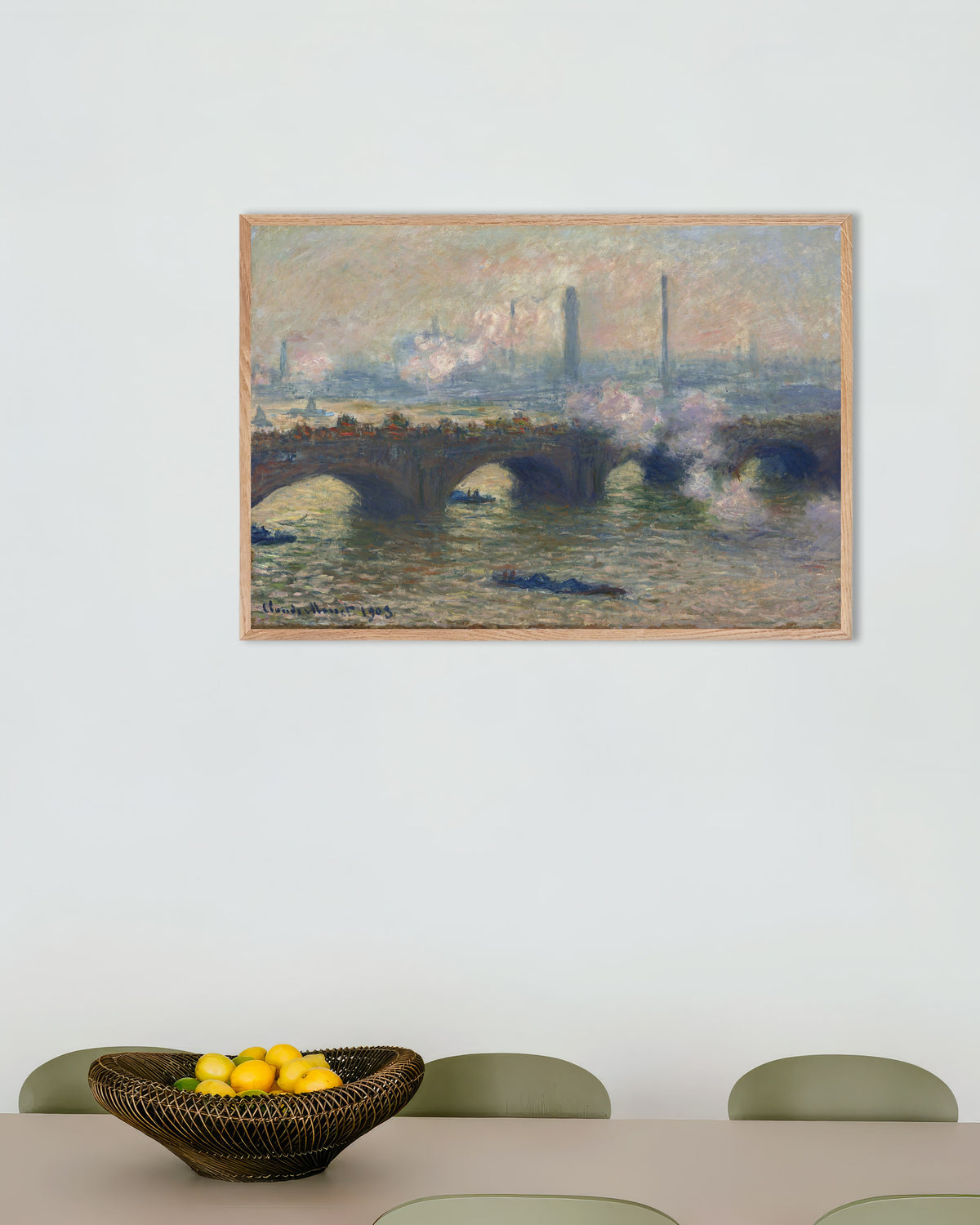 Poster of Waterloo Bridge, Gray Day (1903) by Claude Monet, with natural wooden frame