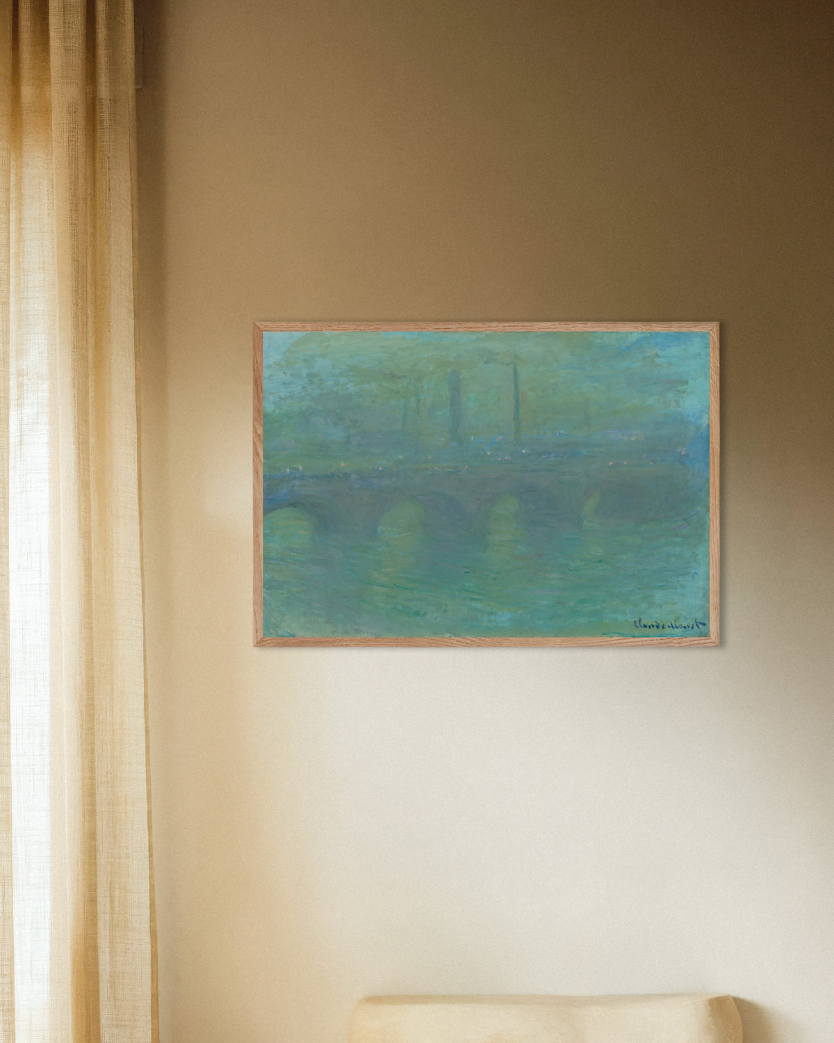 Poster of Waterloo Bridge, London, at Dusk (1904) by Claude Monet, with natural wooden frame