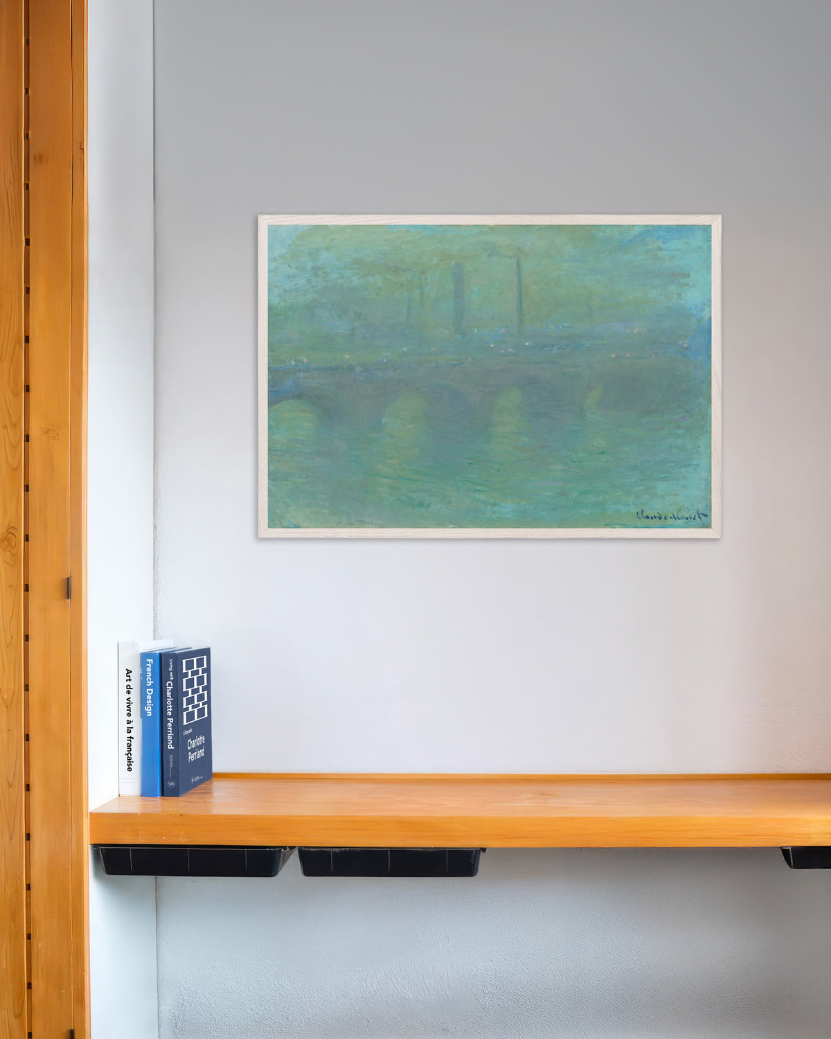 Poster of Waterloo Bridge, London, at Dusk (1904) by Claude Monet, with white wooden frame