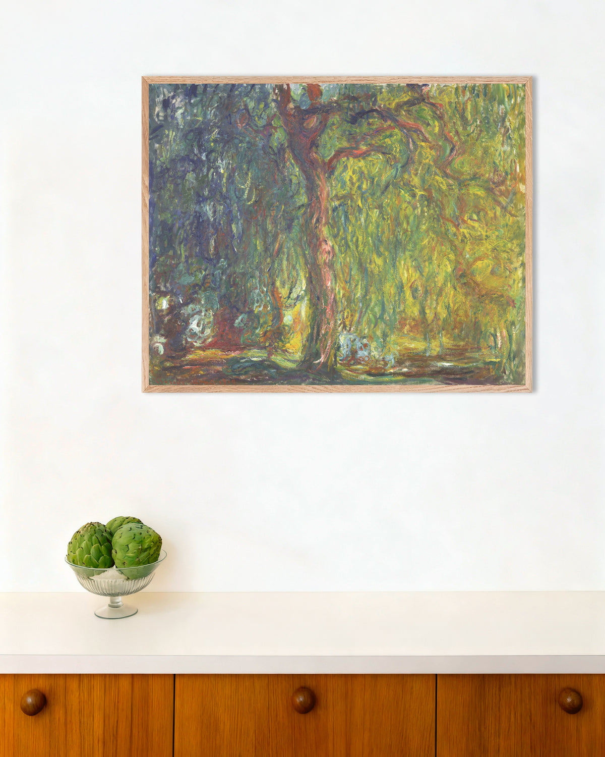 Poster of Weeping Willow (1918–1919) by Claude Monet, with natural wooden frame