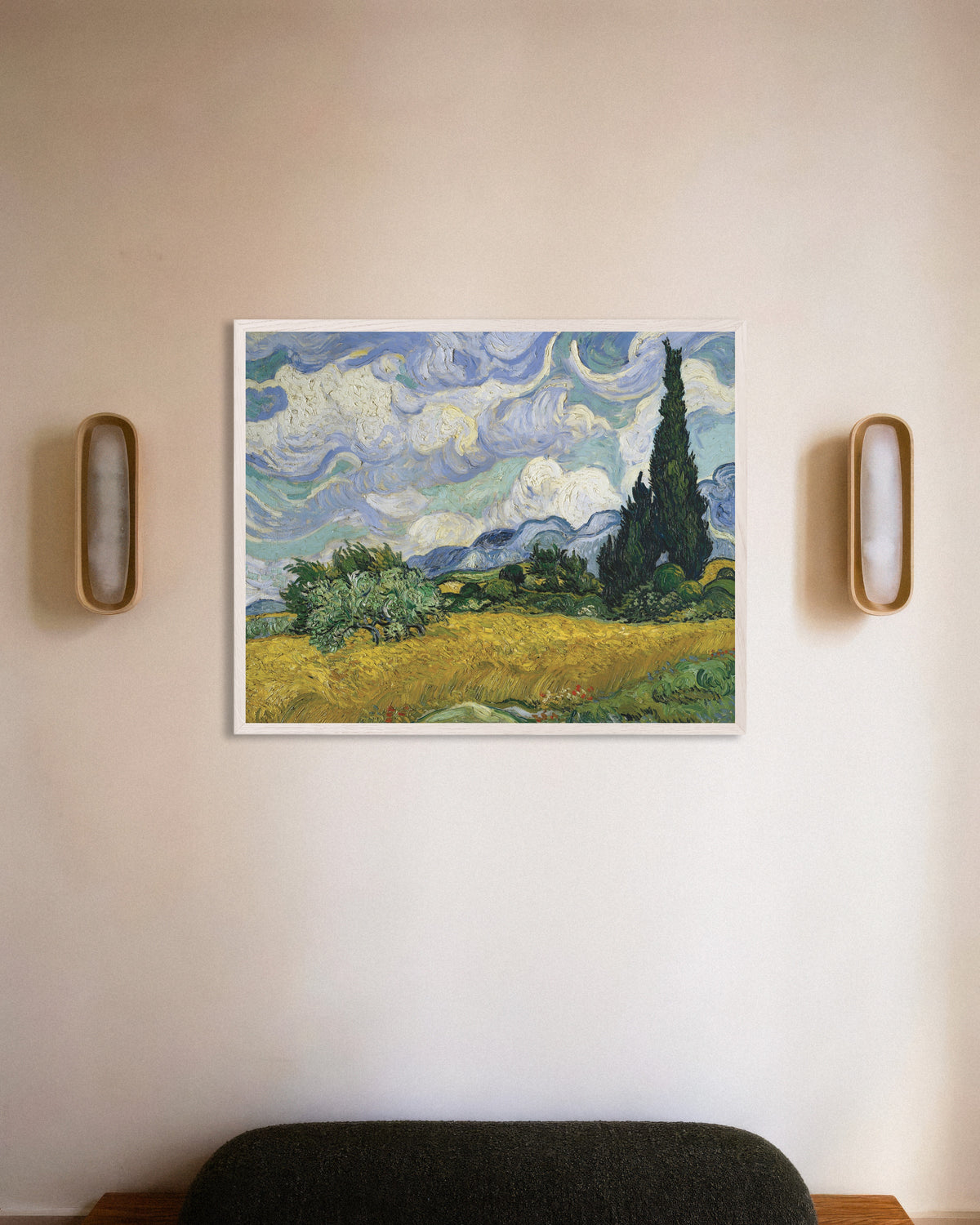 Poster of Wheat Field with Cypresses (1889) by Vincent van Gogh, with white wooden frame