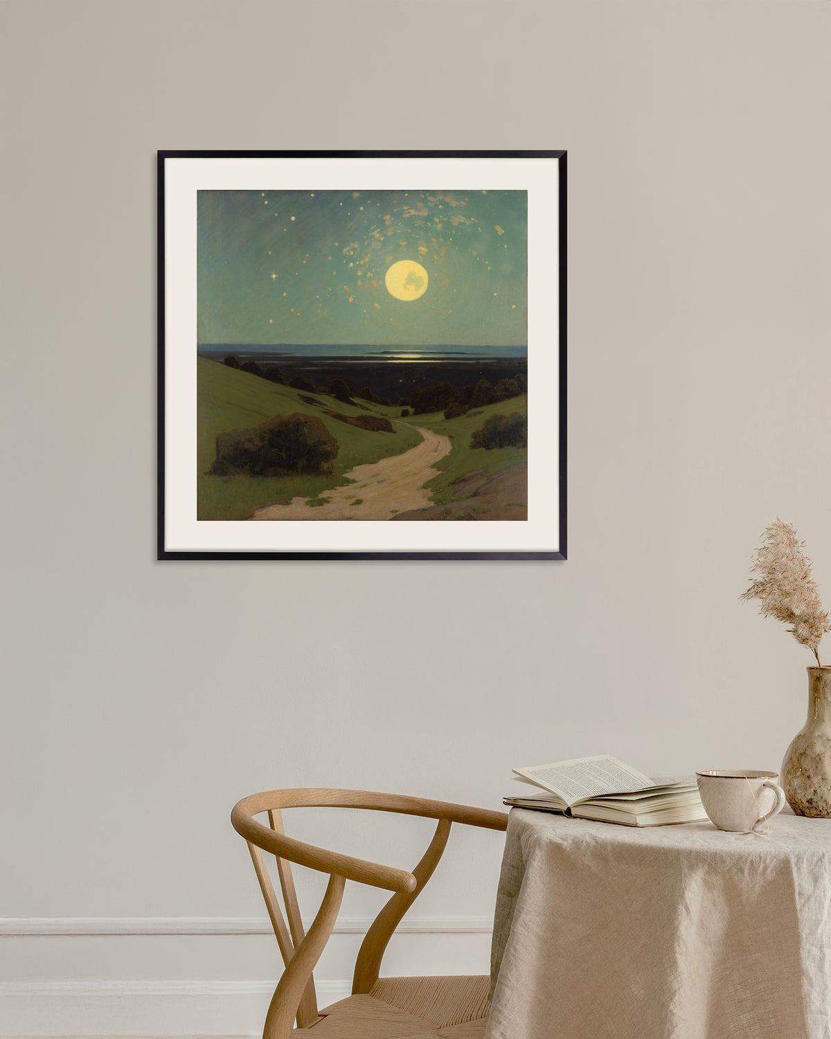 Full Moon Over the Hills poster in a black metal frame