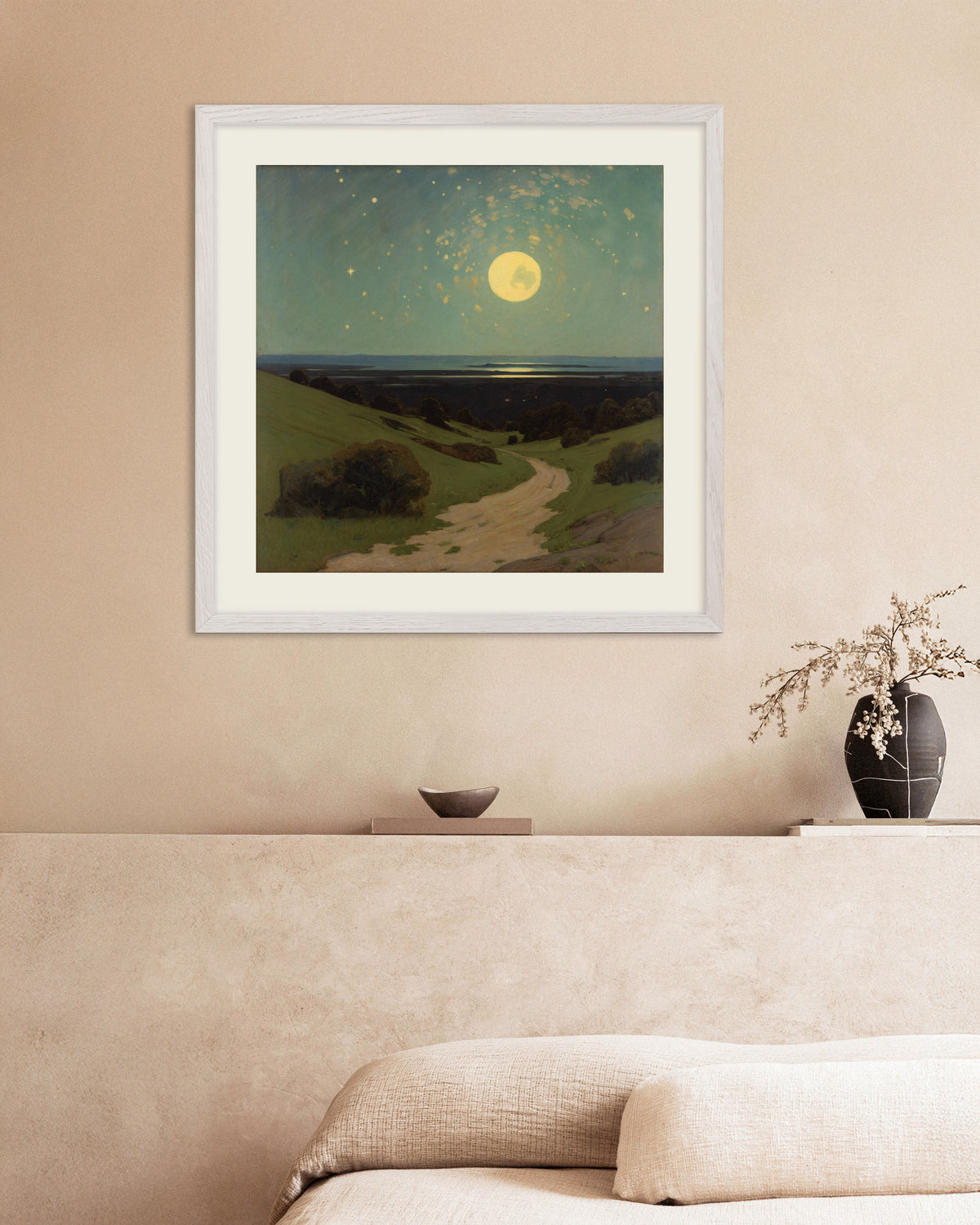 Full Moon Over the Hills poster in a white oak frame