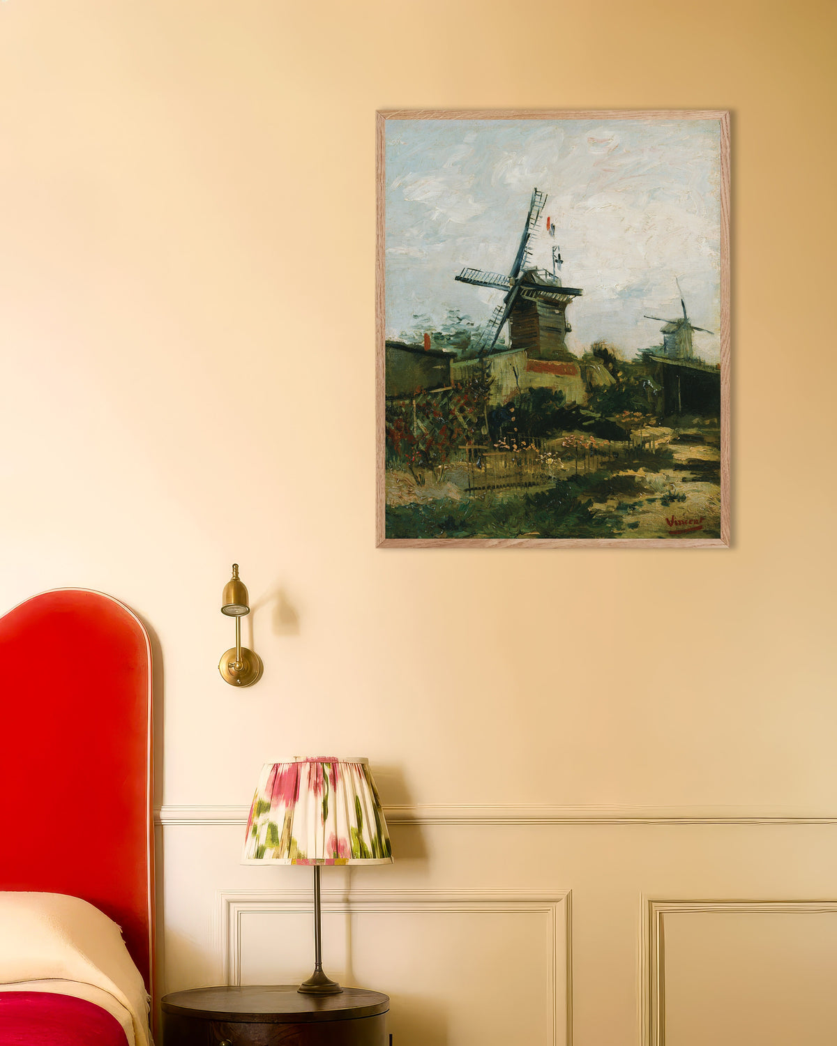 Poster of Windmills on Montmartre (1886) by Vincent van Gogh, with natural wooden frame